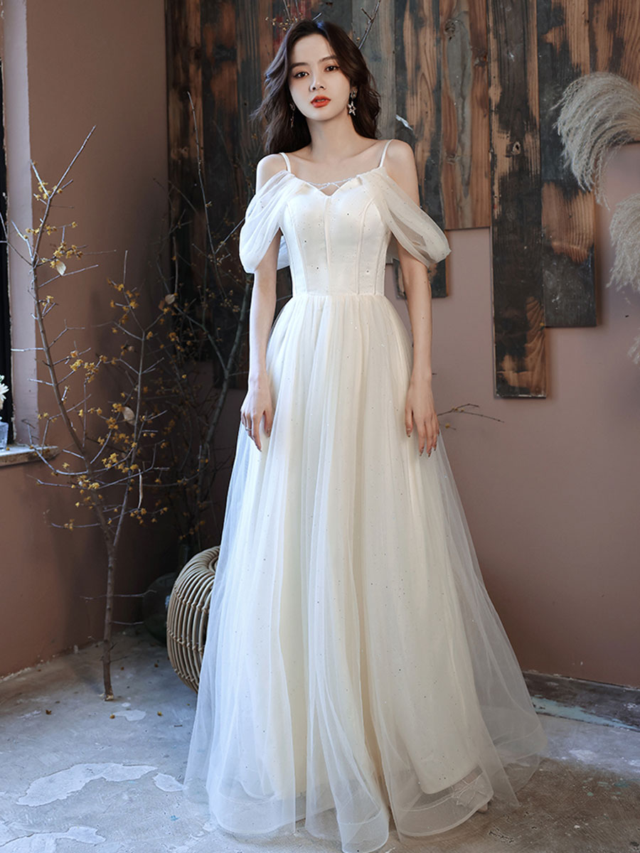 Elegant White Off Shoulder Tulle Long Prom Dress for Women - Formal Evening Gown for Homecoming, Wedding, and Special Occasions