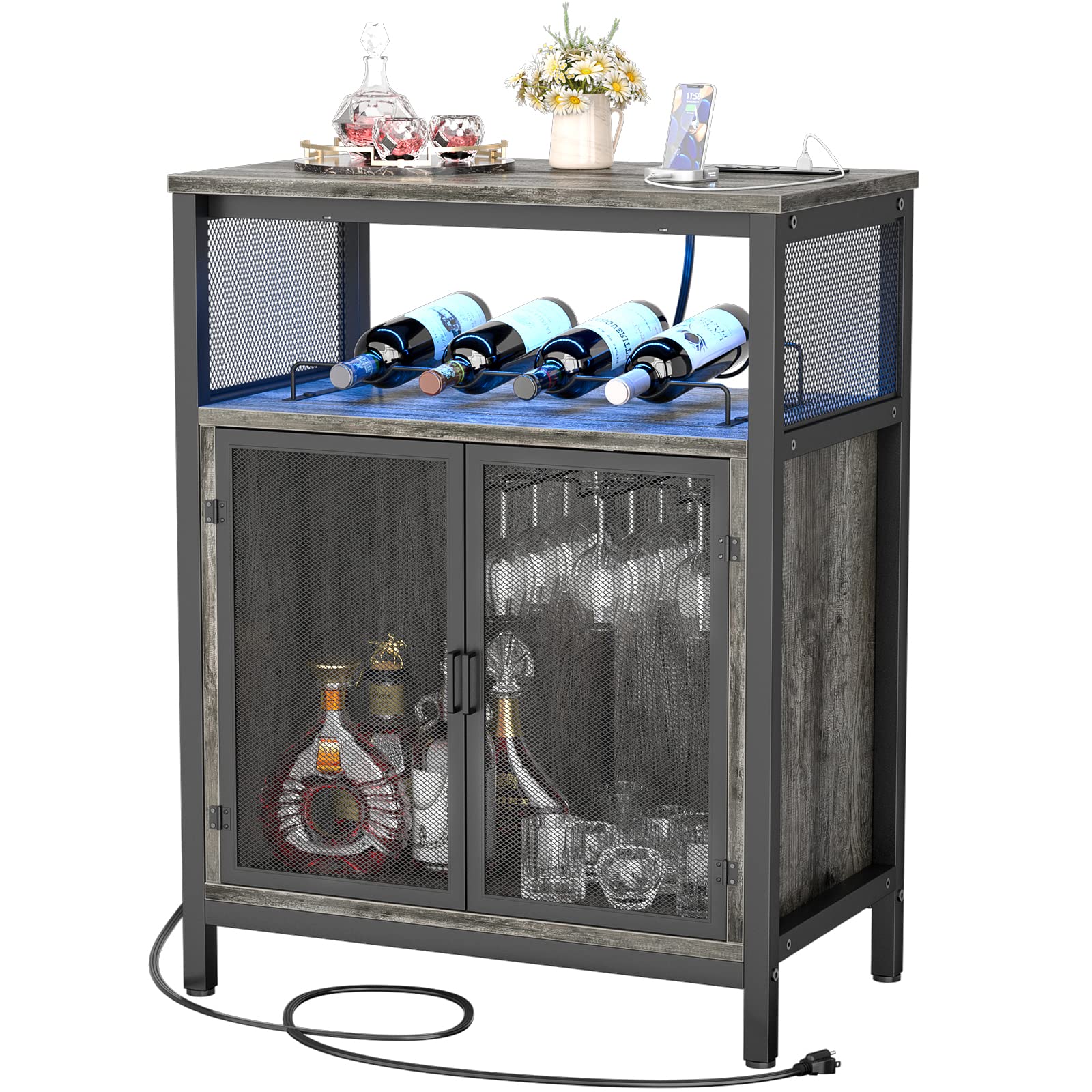 Unikito Modern Wine Bar Cabinet with RGB LED Lighting & Built-in Outlet - Freestanding Wine Rack Table with Glass Holder - Black Oak Floor Bar Cabinet for Home, Kitchen & Dining Room - Perfect for Entertaining Guests & Storing Liquor Bottles
