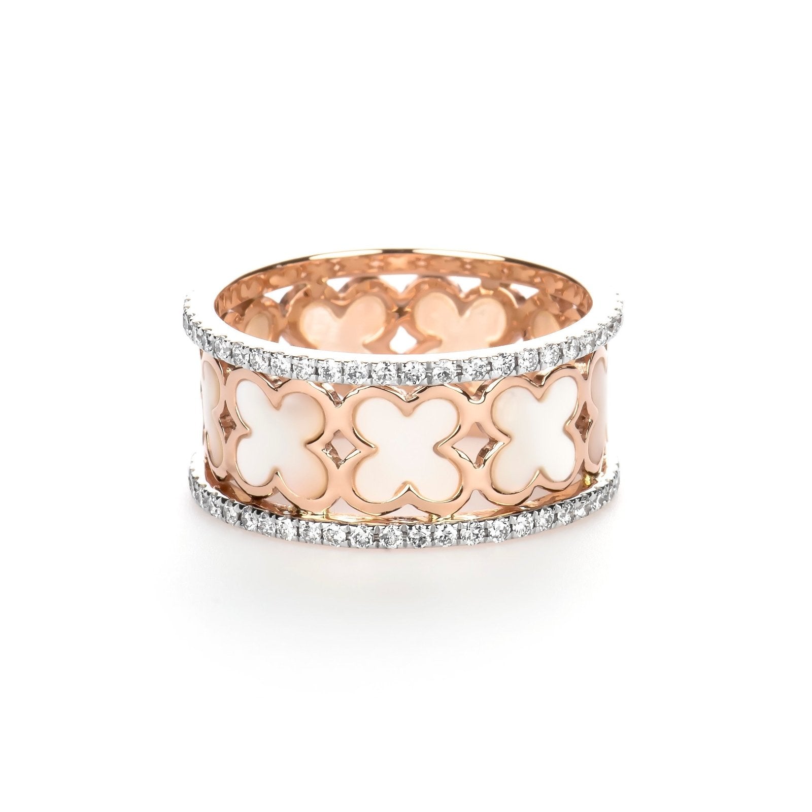 14K Rose Gold Mother of Pearl Clover Diamond Eternity Ring for Women - Elegant Wedding Band, Anniversary Gift & Everyday Jewelry