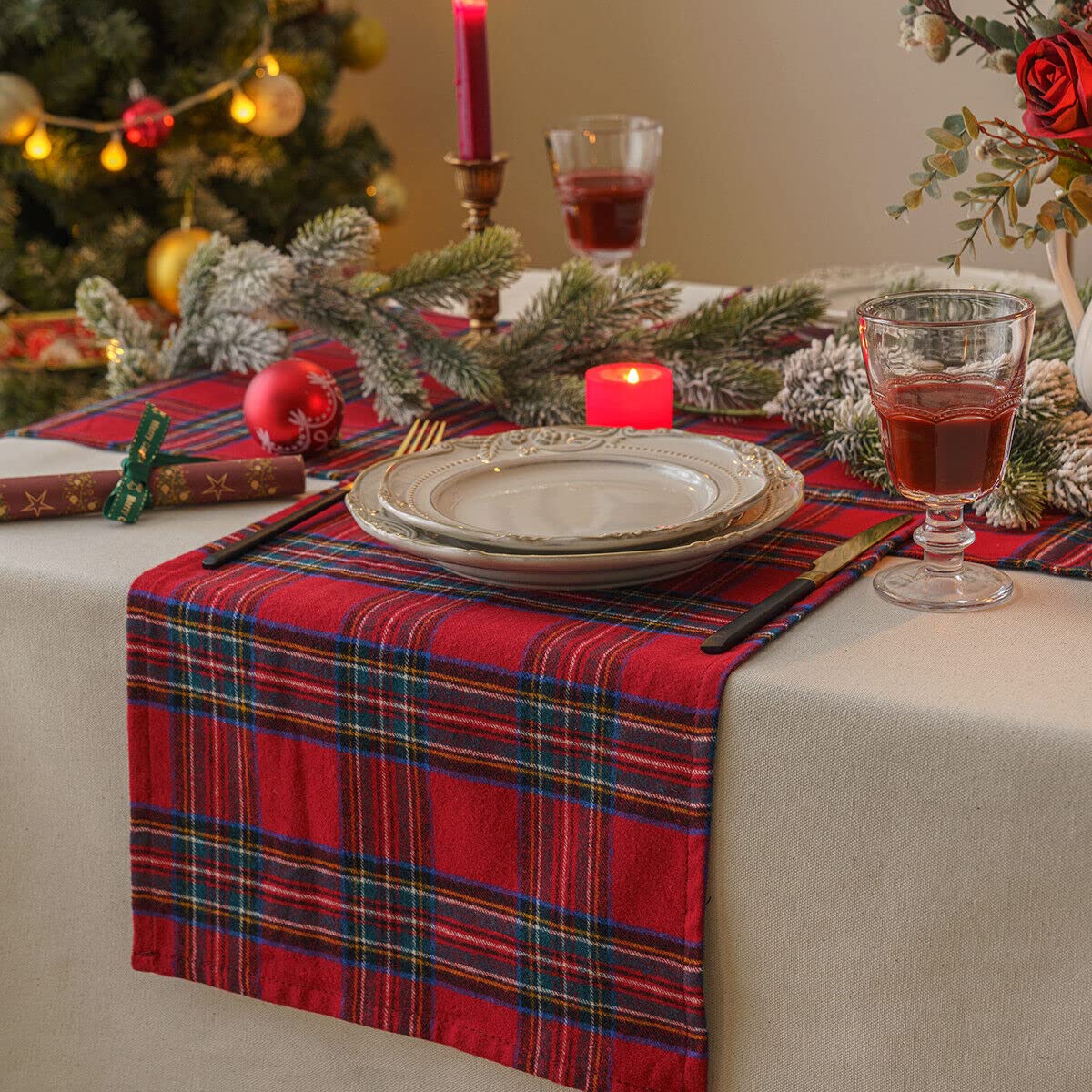 Purple Tree Tartan Cotton Table Runner 13x72 Inch for 6-Seater Dining Table - Christmas Holiday Decor, Xmas Dinner Party Tablecloth, Perfect for Festive Gatherings & Seasonal Home Decor
