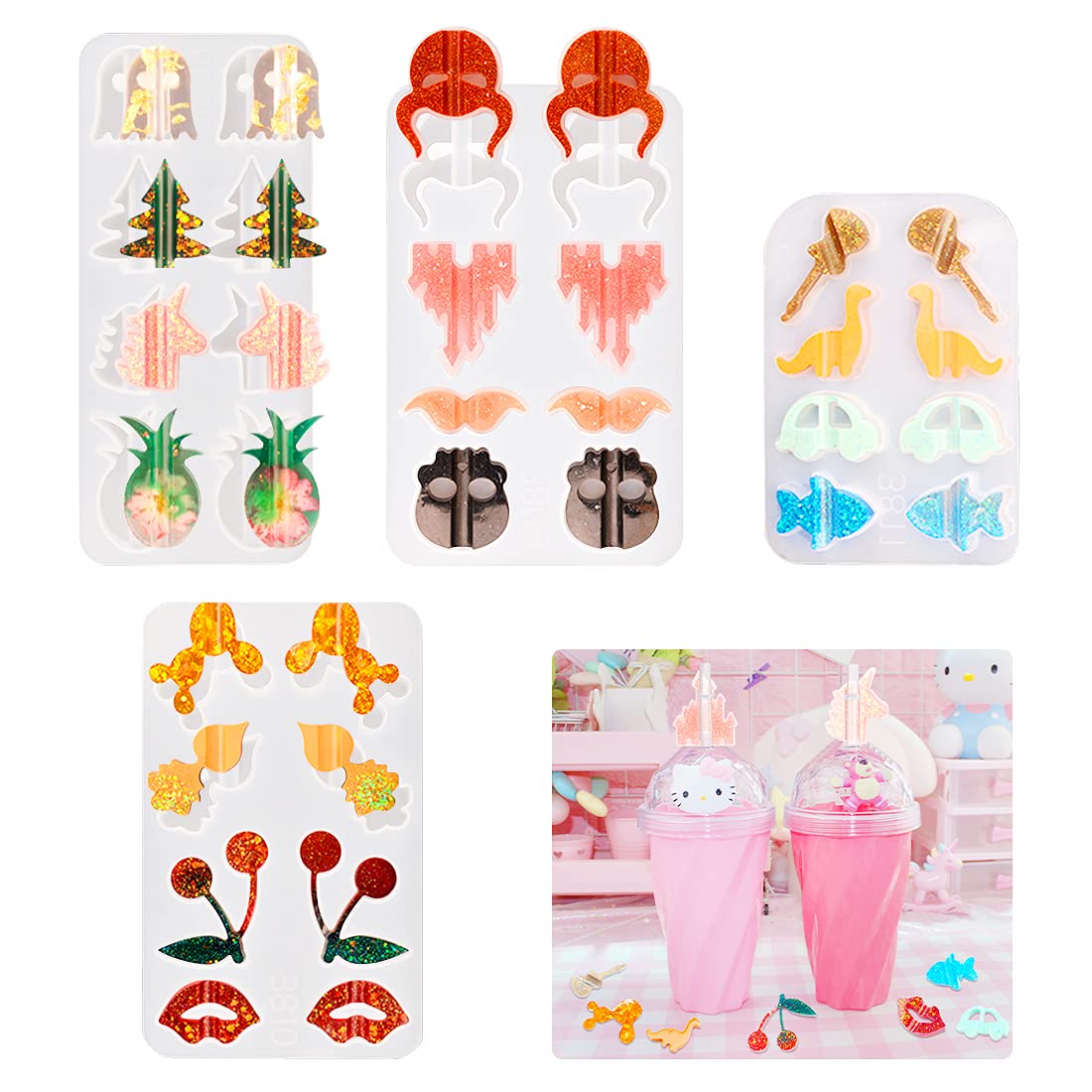 Voyyphixa 4-Pack Silicone Straw Topper Molds for Epoxy Resin Casting - Animal Shaped Straw Topper Attachments for Tumblers, Cups & DIY Drinkware Decorations - Perfect for Crafting, Party Favors & Handmade Gifts