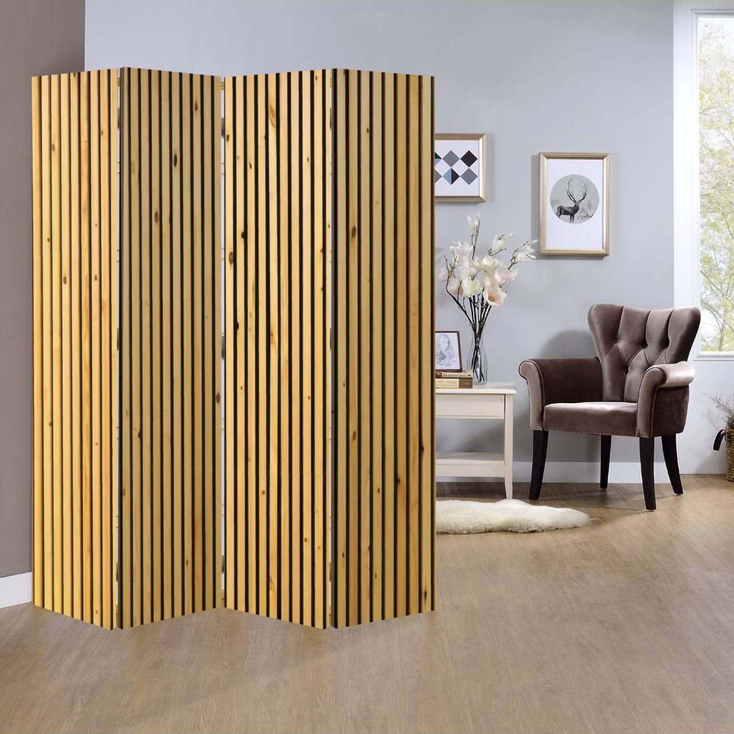 Modern Wooden Room Divider - Natural Brown Vertical Slat Folding Screen with 4 Panels | Dual-Sided Privacy Partition for Home & Office | Perfect for Living Room, Bedroom, and Studio Spaces