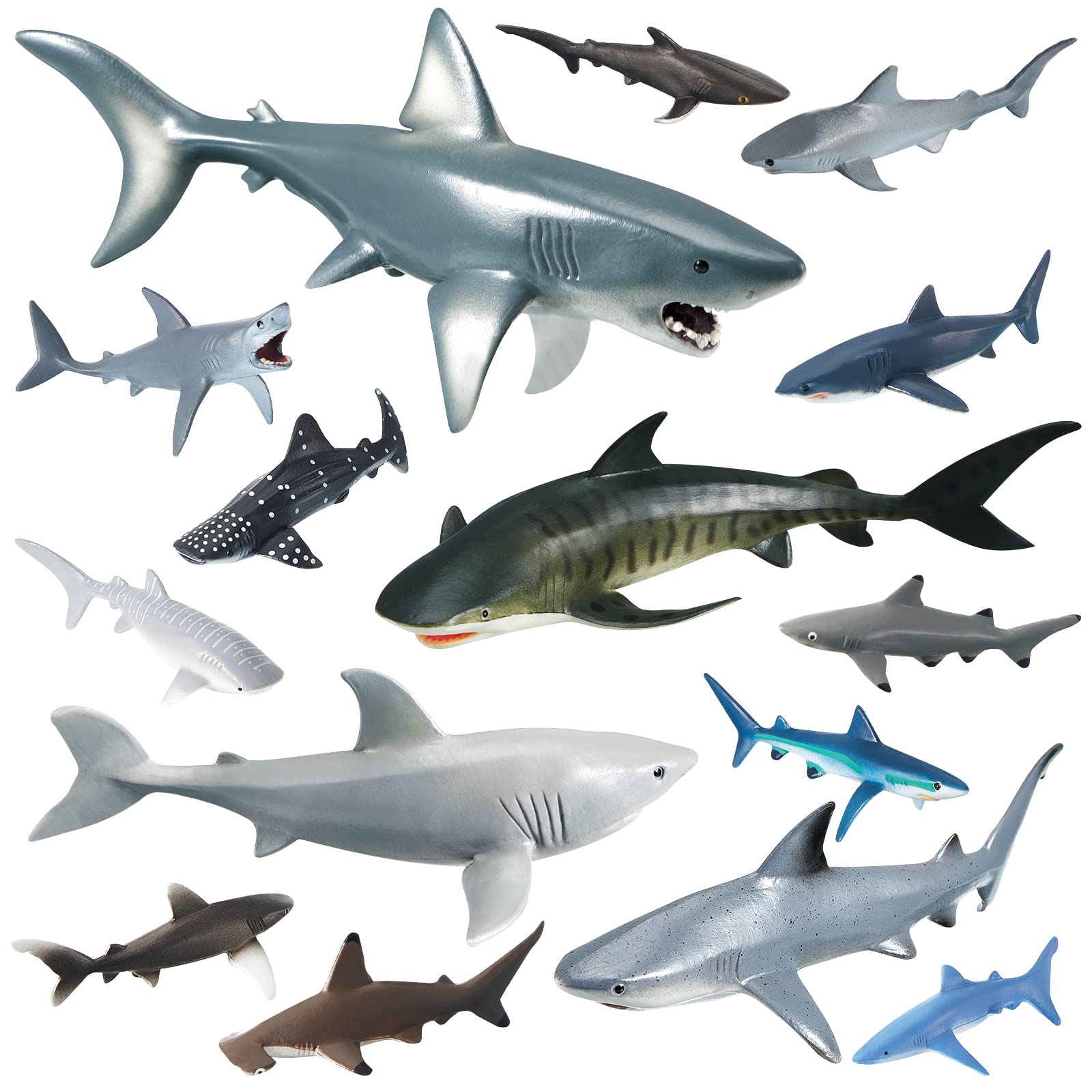 15 Pcs Realistic Shark Toys Assorted Ocean Animal Figurines - Plastic Marine Creature Bath Toys for Kids, Birthday Party Favors, Cake Toppers, and Educational Cognitive Play