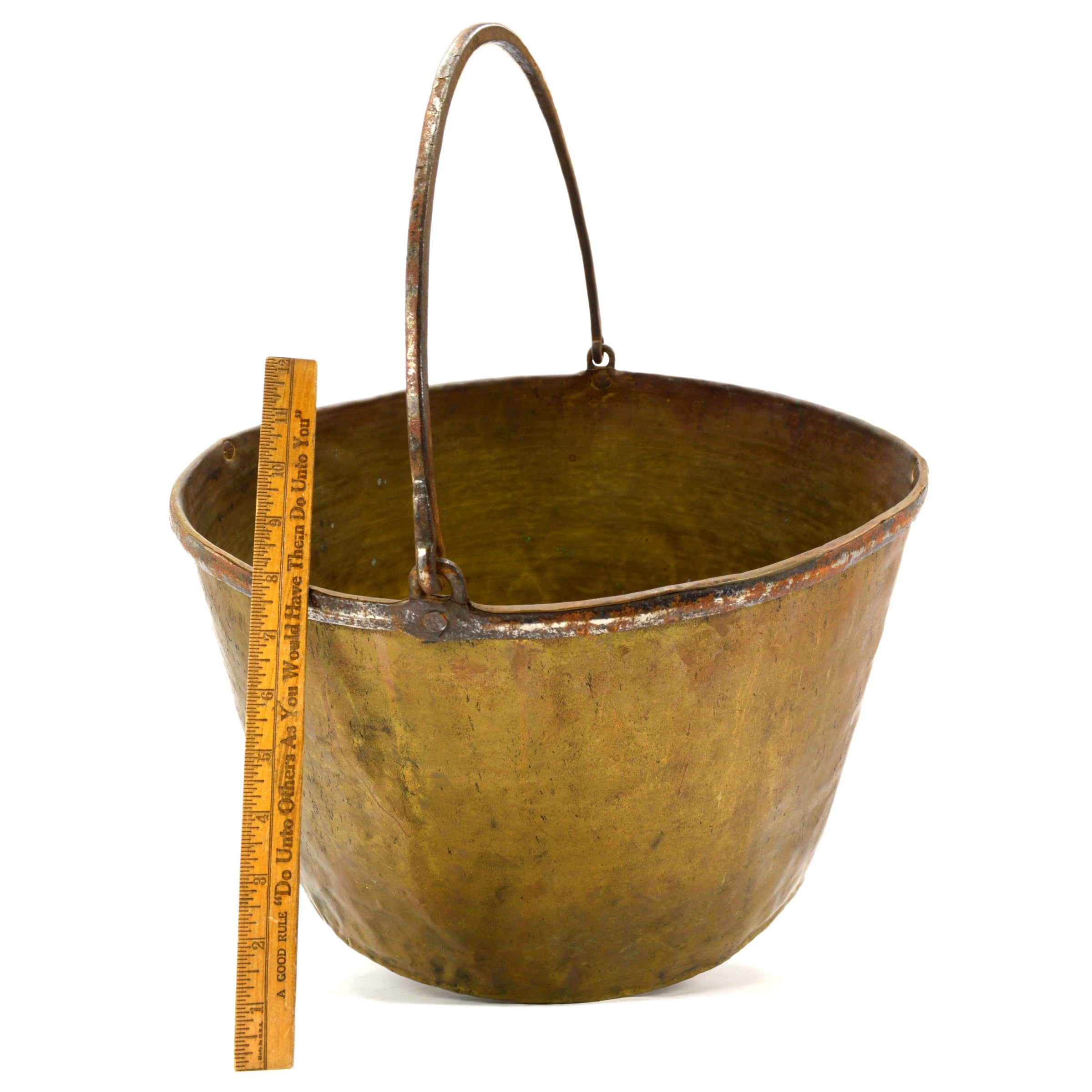 Antique 10 Gallon Copper Apple Butter Kettle with Iron Handle - 19th Century Vintage Cauldron for Cooking, Brewing & Outdoor Decor
