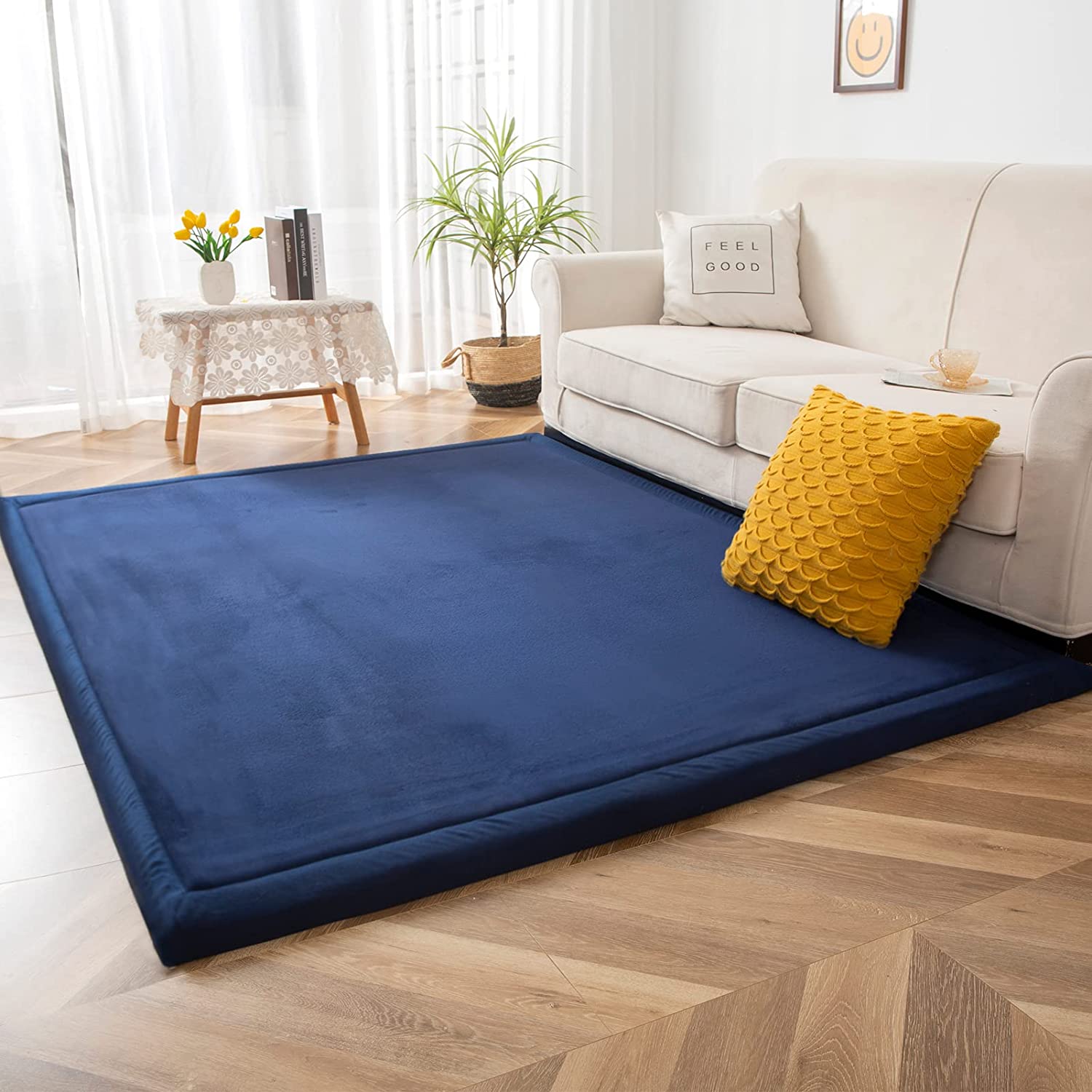 MAXYOYO Baby Play Mat - Soft Coral Velvet Thick Japanese Tatami Rug with Non-Slip Backing, Navy Blue | Perfect for Nursery, Playroom & Kids' Floor Activities