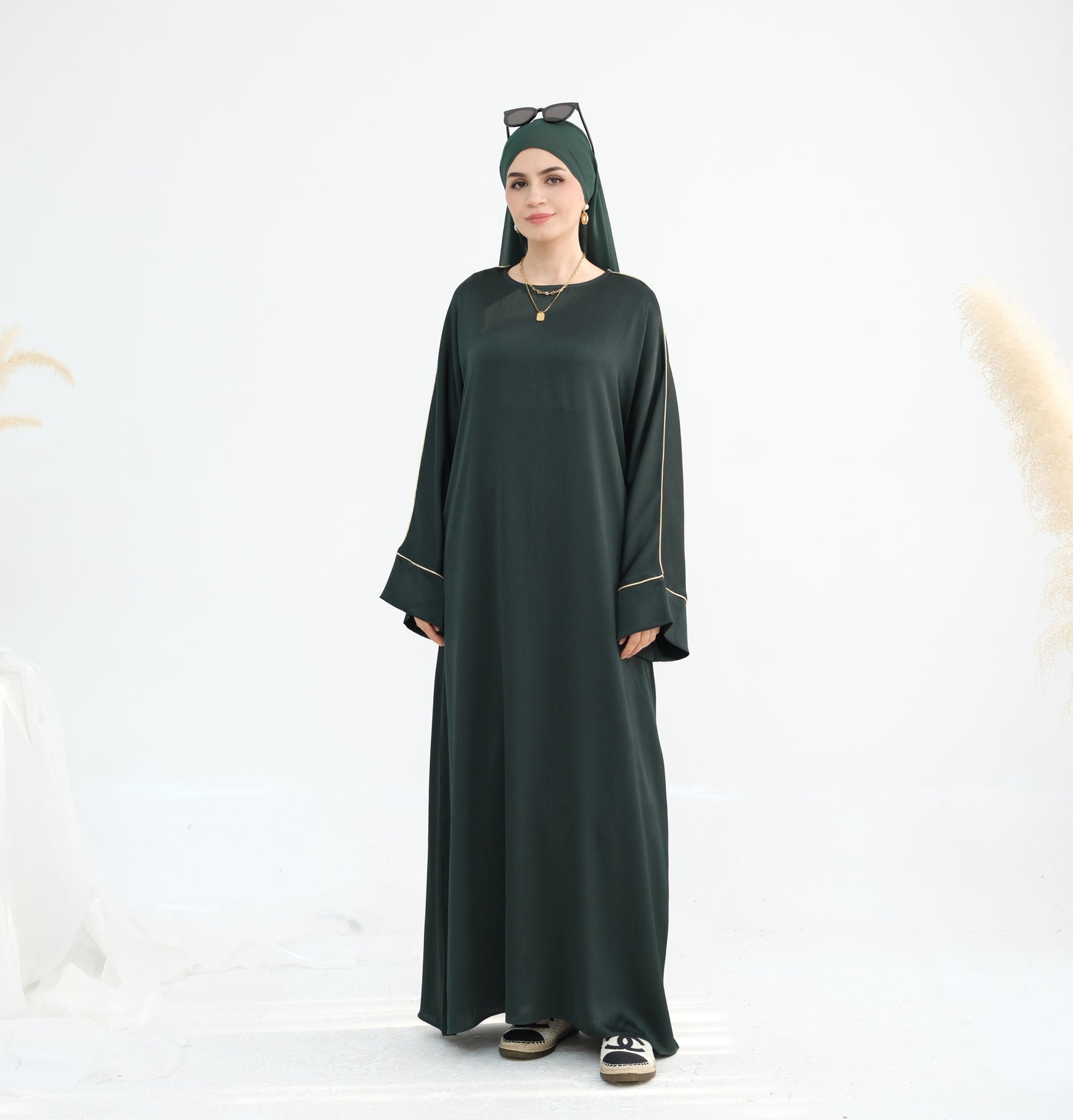 Stylish Ayana Textured Piping Detail Abaya Dress - Green | Modest Islamic Fashion for Women | Perfect for Prayer, Mosque & Special Occasions