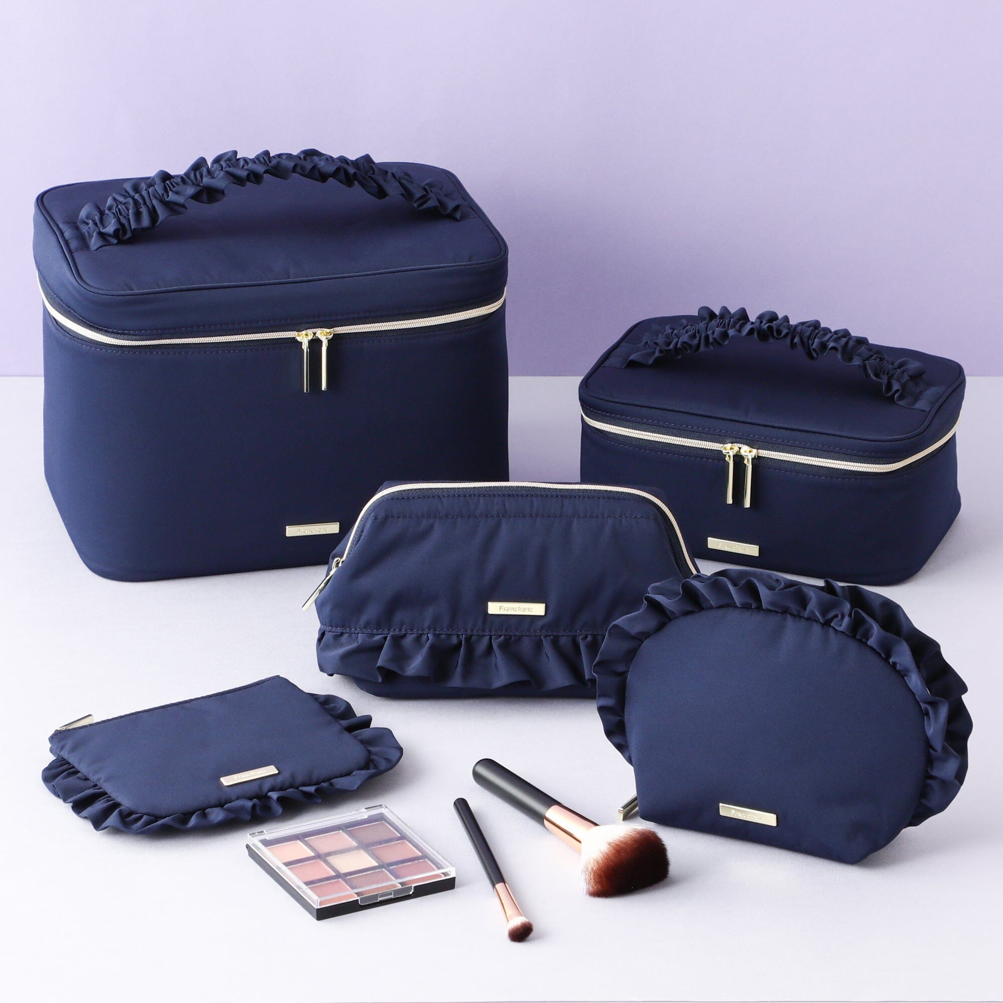 Frilled Vanity Pouch - Navy Blue Makeup Bag for Travel & Daily Use | Compact Cosmetic Organizer with Elegant Lace Trim