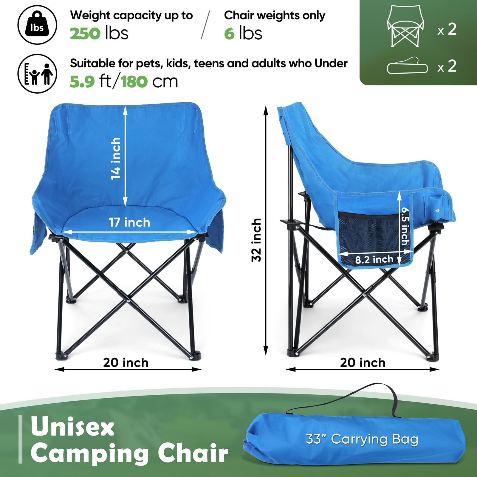 HaSteeL Heavy Duty Camping Chair for Adults - Portable Folding Outdoor Chair with Side Pockets & Carry Bag - Supports 250lbs - Perfect for Camping, Hiking, Beach, Picnic, Fishing & Travel (Blue)