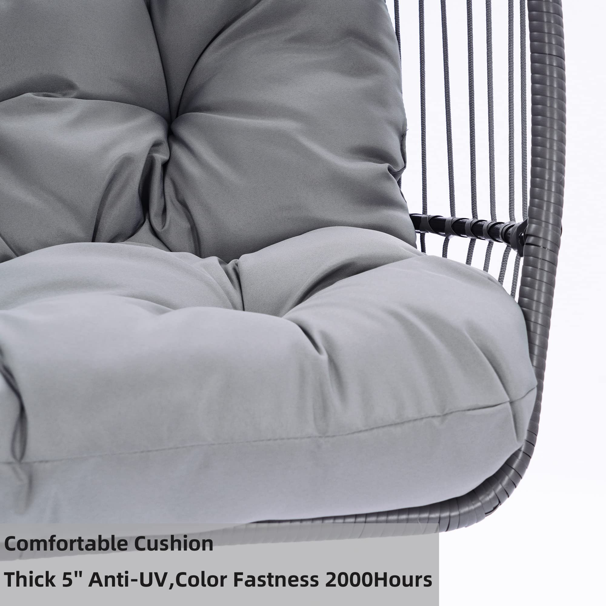 Outdoor Patio Wicker Folding Hanging Chair - Rattan Swing Hammock Egg Chair with C-Type Bracket, Cushion & Pillow - Grey Fabric & Black Wicker - Perfect for Backyard, Garden, Balcony Relaxation