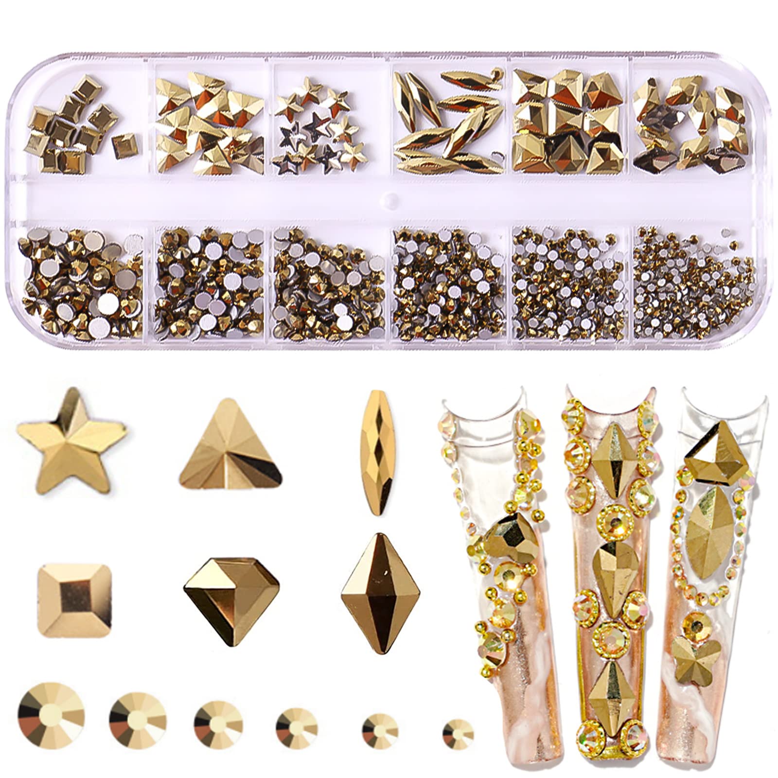 RODAKY 810Pcs 3D Gold Crystal Rhinestones for Nail Art - Flatback Gems in Multiple Shapes for DIY Nail Design, Makeup & Jewelry Crafting - Perfect for Salon, Home Manicure and Party Glam Looks