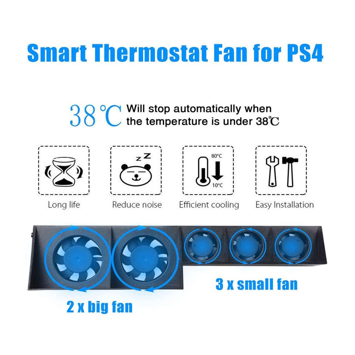 PS4 Cooling Fan - USB External Cooler with 5 Auto Turbo Fans & Temperature Control for Sony PlayStation 4 Console | Prevent Overheating for Long Gaming Sessions