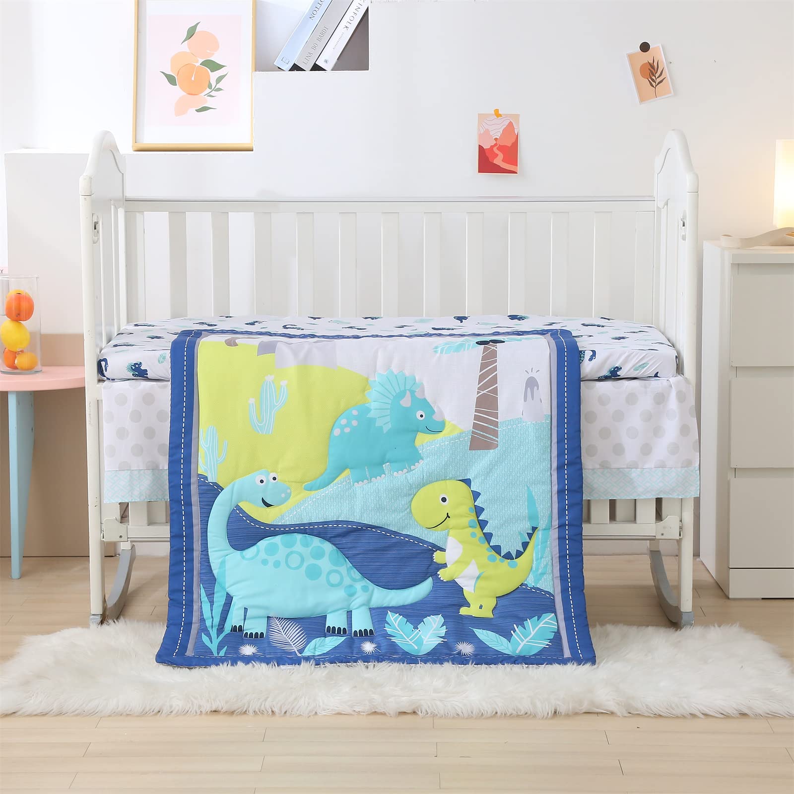 Premium 3-Piece Dinosaur Crib Bedding Set for Boys - Soft & Breathable Baby Nursery Set with Cute Dino Pattern | Perfect for Newborns, Toddlers & Nursery Decor