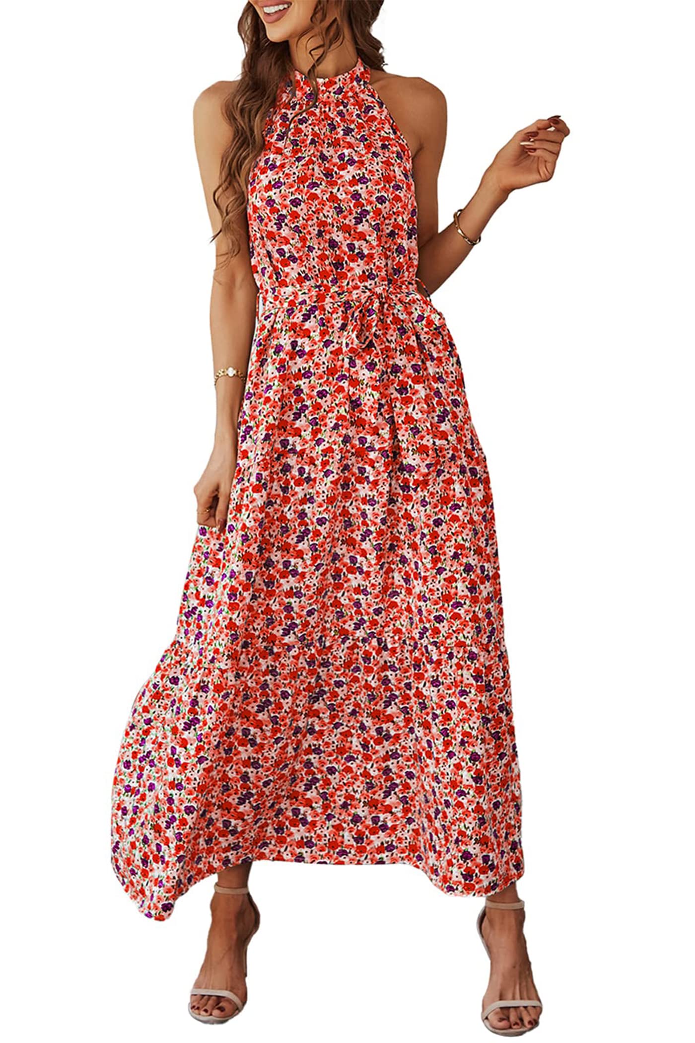 PRETTYGARDEN Women's Floral Maxi Sun Dress - Sleeveless Boho Summer Dress with Halter Neck, Ruffle Hem & Adjustable Belt | Perfect for Beach Vacations, Music Festivals & Date Nights