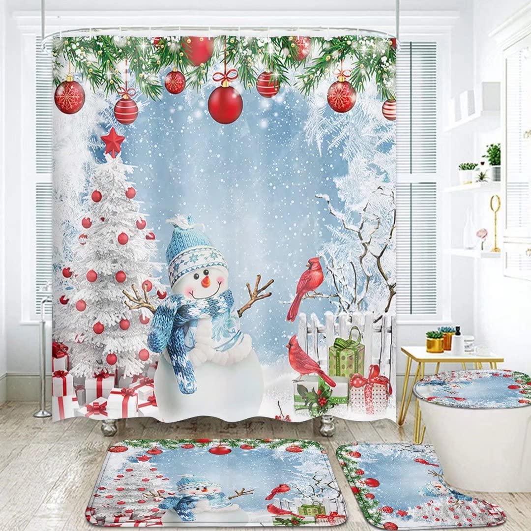 Waterproof Christmas Snowman Shower Curtain Set with Non-Slip Bath Rugs, Toilet Lid Cover & Bath Mat - Holiday Bathroom Decor Accessories for Festive Home Decor