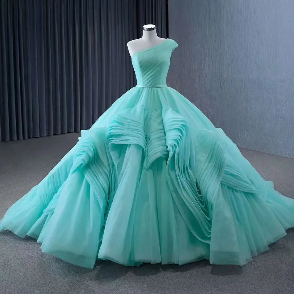 Serene Hill Luxury Custom Light Green One Shoulder Lace-Up Beaded Wedding Ball Gown - Perfect for Bridal Ceremonies, Evening Galas & Formal Events