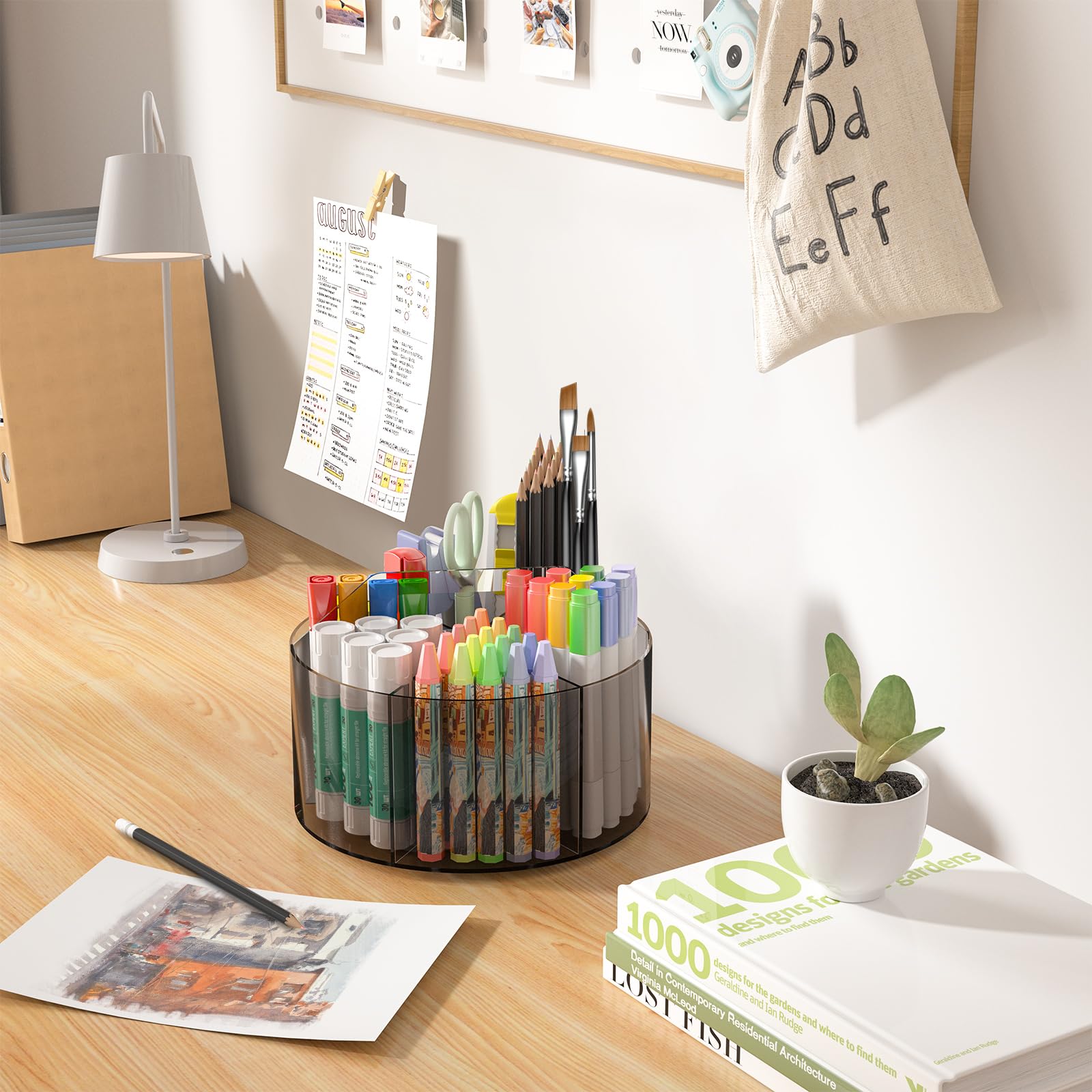 360° Rotating Acrylic Pen & Marker Holder - 6-Compartment Desk Organizer for Art Supplies, Crayons, Office & School Stationery - Perfect for Home, Office & Classroom Organization (Grey)
