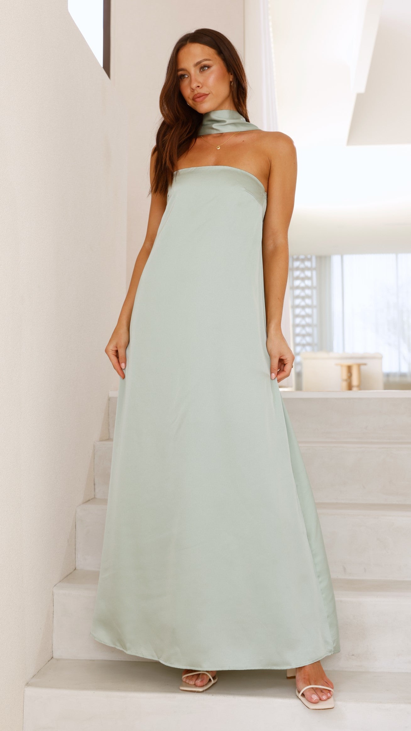 Strapless Scarf Maxi Dress in Sage Green - Flowy Summer Beach Dress for Women, Perfect for Vacations, Weddings & Outdoor Parties