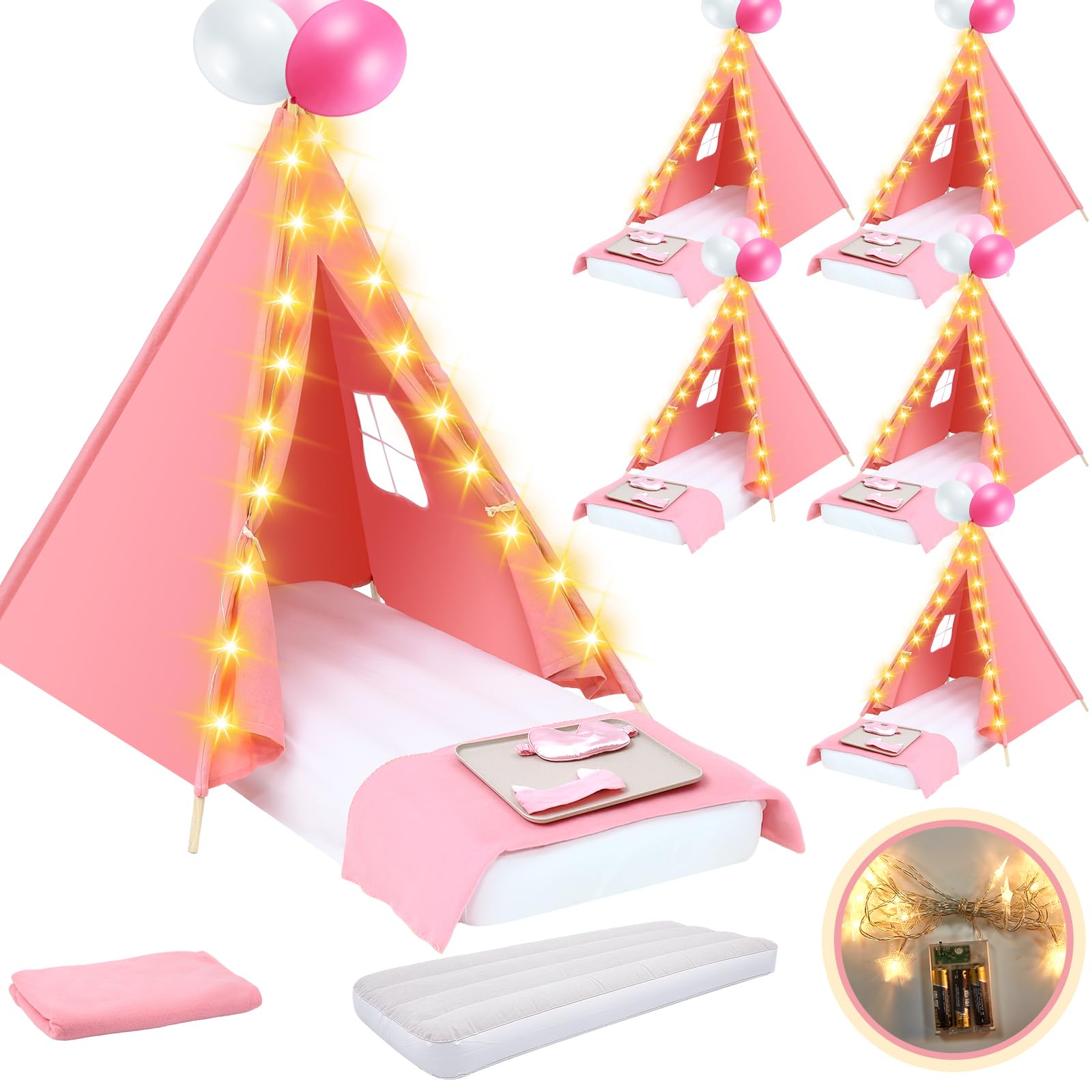Windyun 6 Pack Kids Teepee Tent Set with LED Lights & Inflatable Air Mattress - 100% Natural Cotton Washable Play Tent for Boys & Girls - Perfect for Indoor Outdoor Playdates, Slumber Parties & Birthday Gifts (Pink)