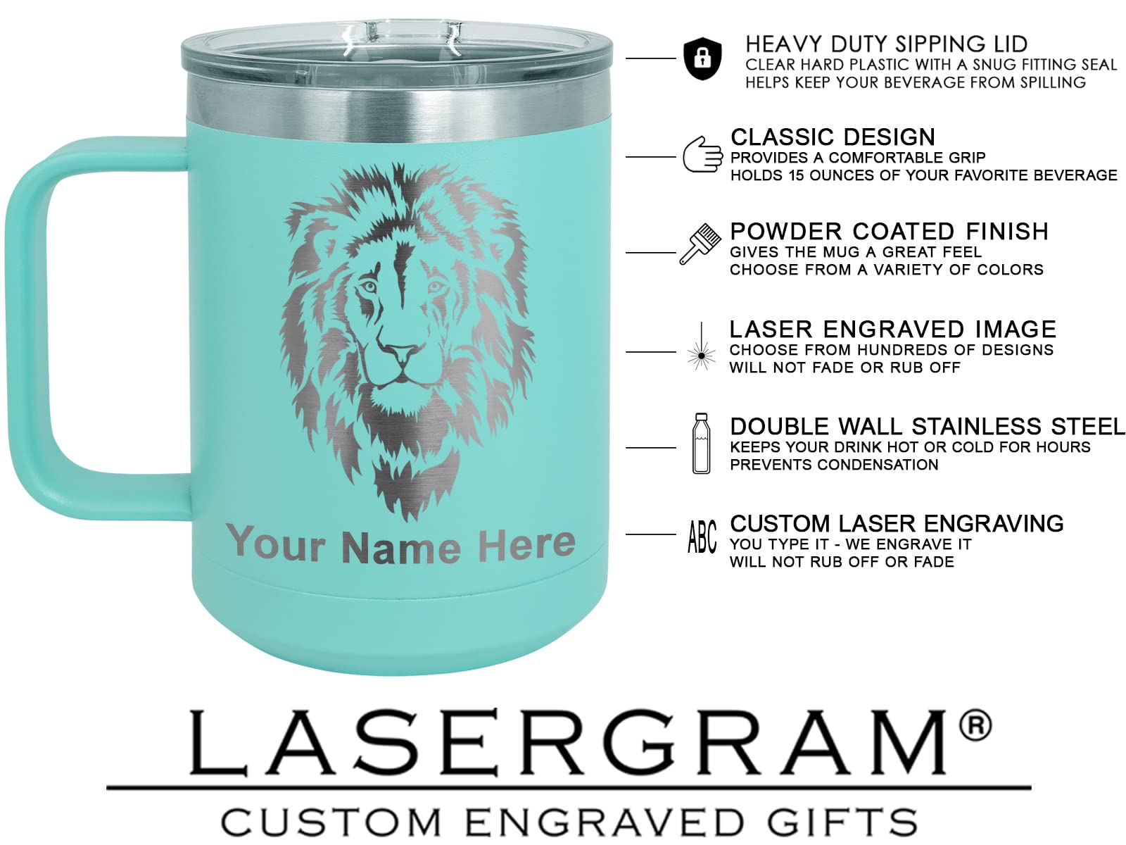 LaserGram 15oz Vacuum Insulated Stainless Steel Coffee Mug with Lid - Custom Engraved Tyrannosaurus Rex Dinosaur Design, Leakproof Travel Tumbler for Hot & Cold Drinks - Perfect Gift for Office, Camping, Hiking (Teal)