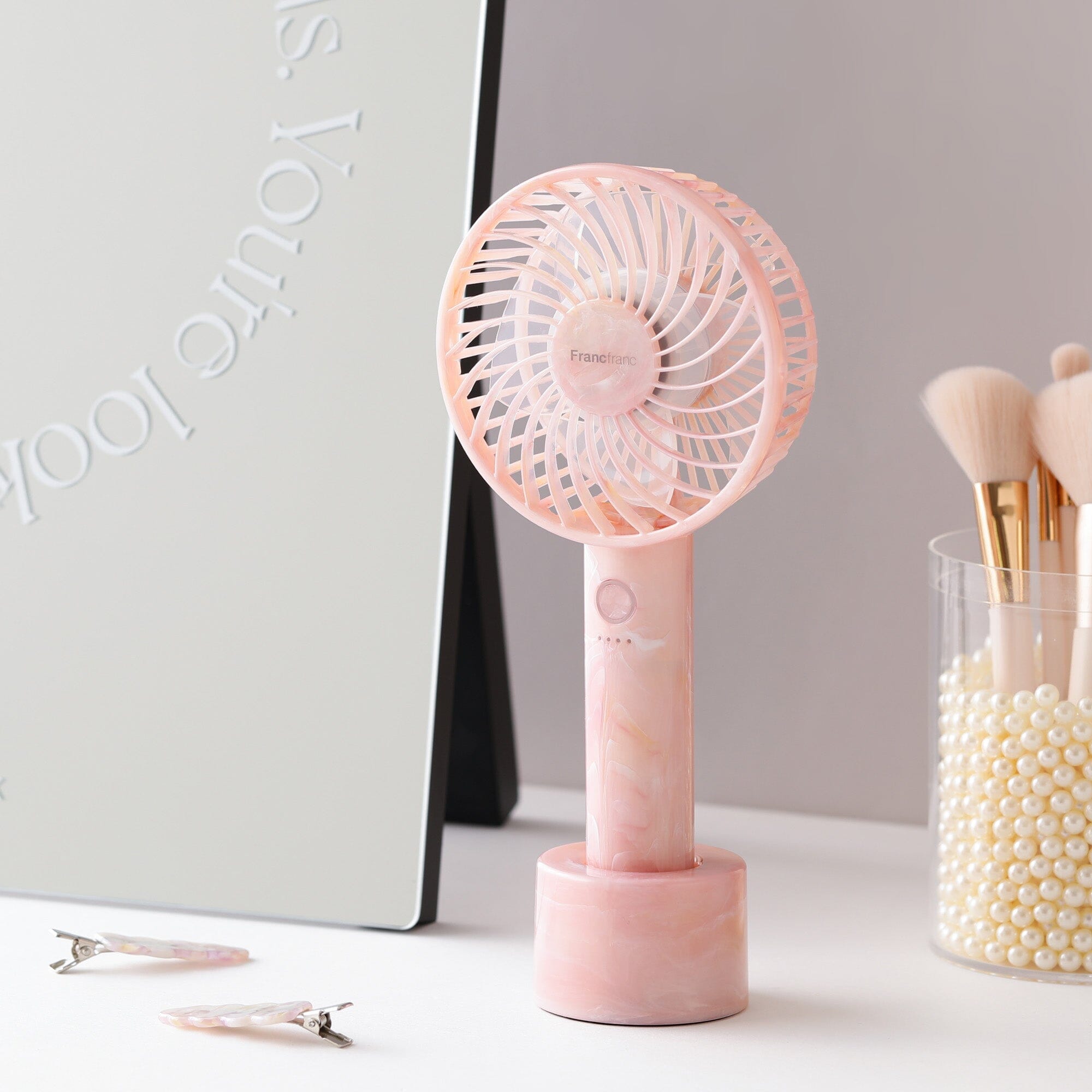 FRAIS Portable Handheld Fan - Sheer Marble Pink | Personal Cooling Fan for Office, Travel & Outdoor Activities | USB Rechargeable Mini Fan