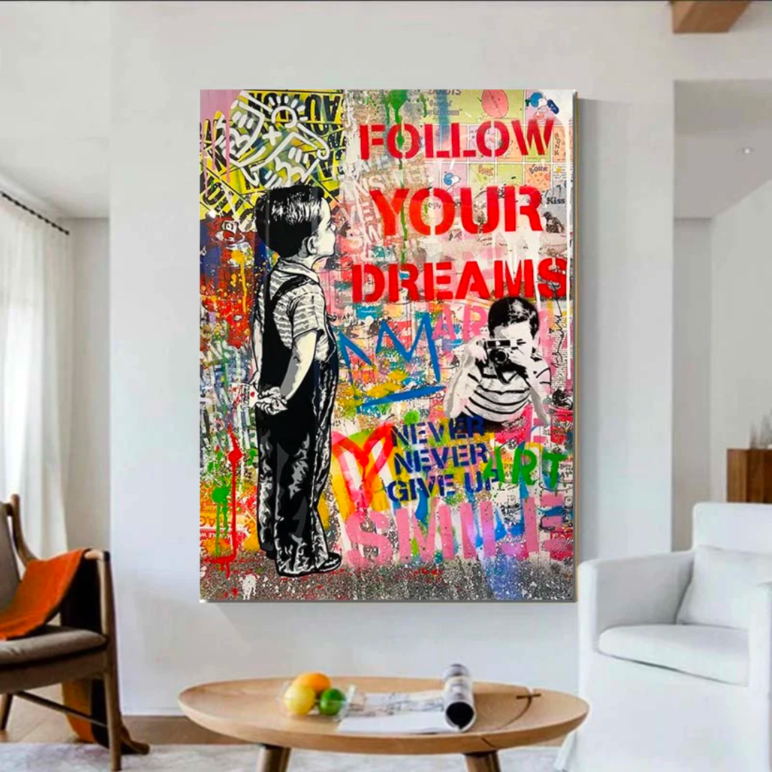 Banksy Follow Your Dreams Wall Art - Authentic Inspirational Canvas Print for Home & Office Decor - Perfect for Living Room, Bedroom or Gift Idea