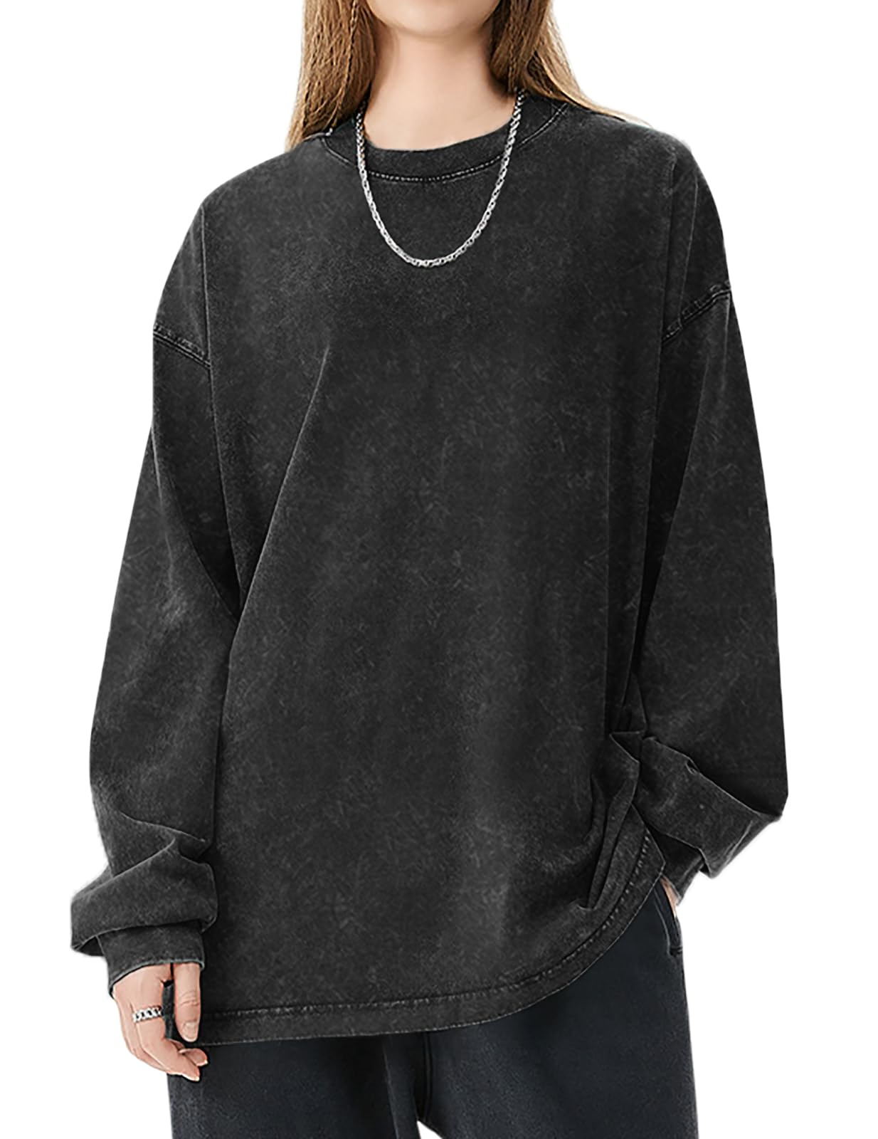 Women's Oversized Vintage Acid Wash Heavy Cotton Long Sleeve T-Shirt - Unisex Casual Loose Fit Basic Tee for Everyday Wear, Street Style & Layering