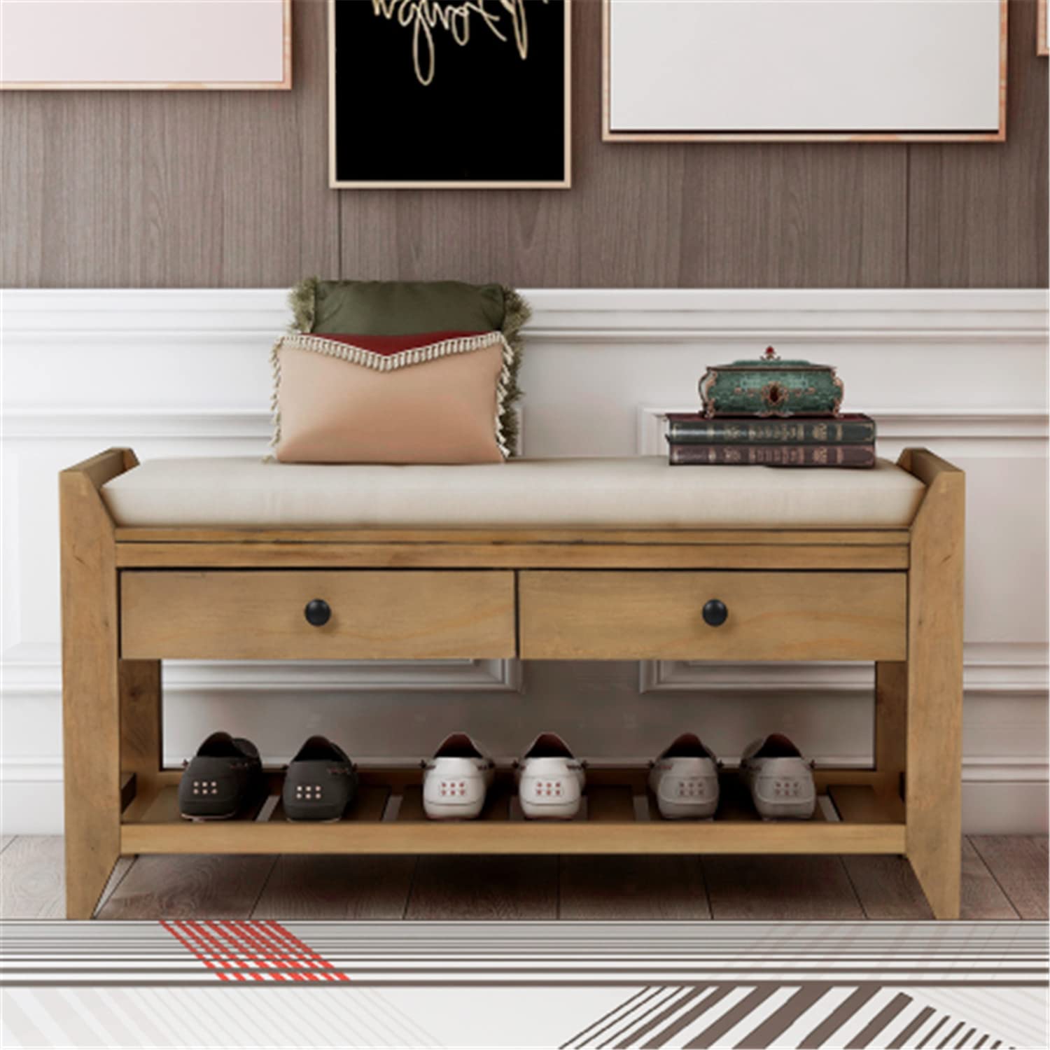 Multipurpose Storage Bench with Cushioned Seat, Shelf & 2 Drawers - Entryway Shoe Rack for Living Room, Hallway - Grey Crash Fabric - Perfect for Small Space Organization & Shoe Storage