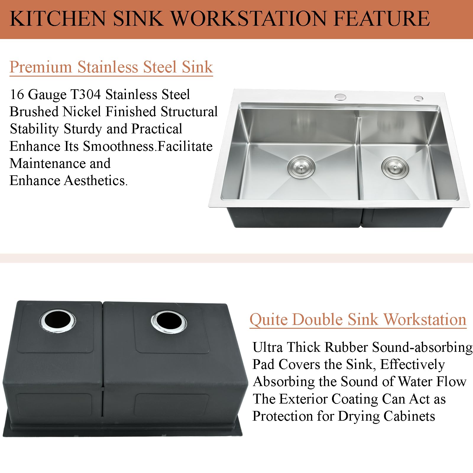 33x22 Inch Drop-In Double Bowl Kitchen Sink Workstation - 16 Gauge Stainless Steel with 60/40 Low Divider & Cutting Board - Perfect for Meal Prep, Washing Dishes, and Modern Kitchen Renovations