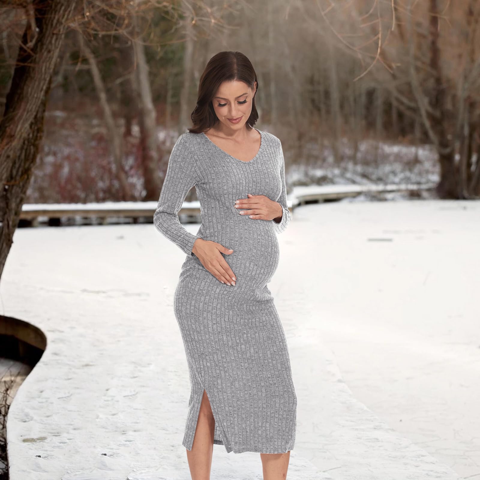 V Neck Side Ruch Knit Ribbed Maternity Bodycon Dress - Stretchy Pregnancy Dress for Baby Shower, Bridal Shower & Special Occasions