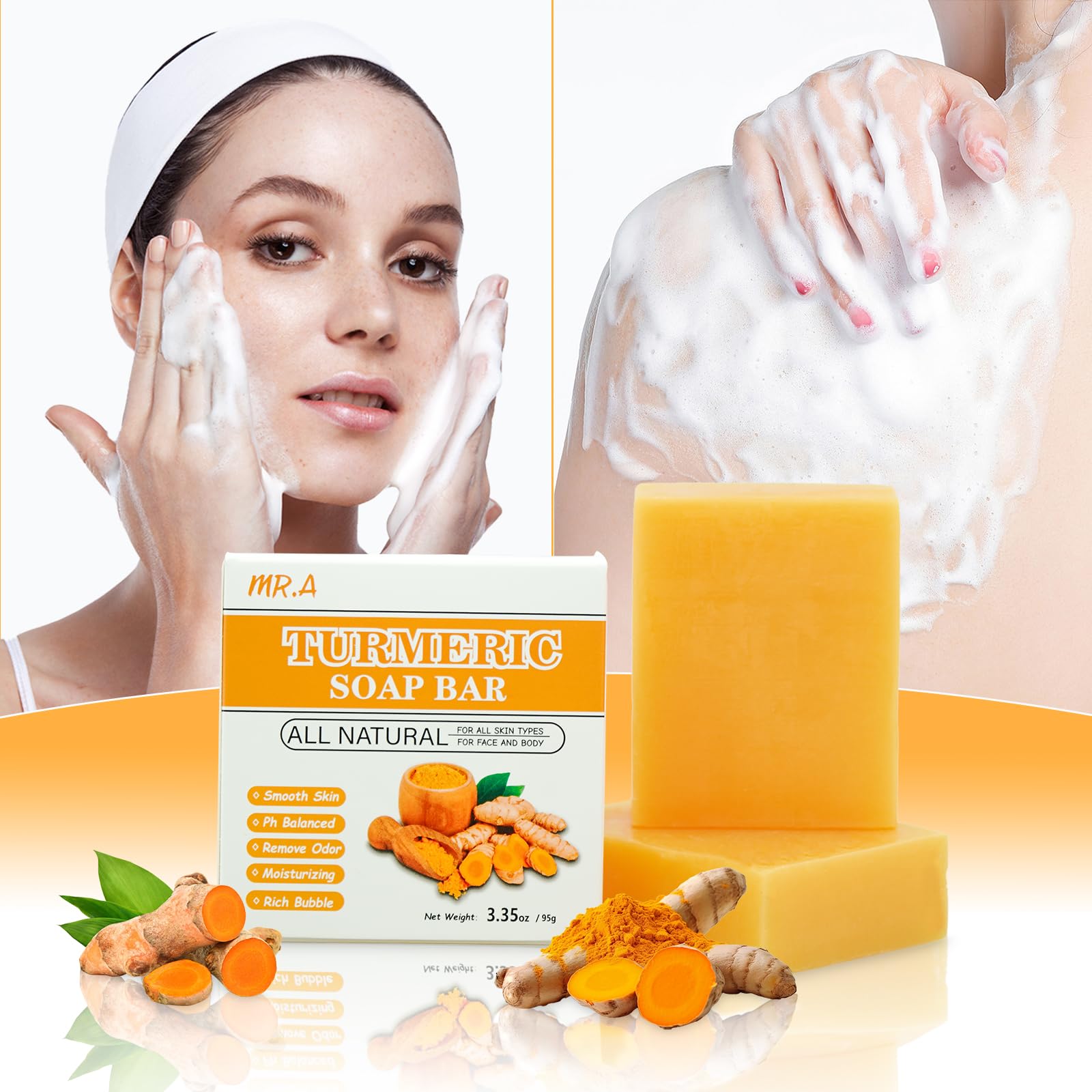 Organic Turmeric Soap Bar & Facial Mist Set - 2PCS Vitamin C Enriched Lemon Turmeric Soap for Face & Body + 1PC Antibacterial Turmeric Face Spray | Natural Skincare, Acne Treatment, Brightening & Hydration | Perfect for Daily Cleansing, Travel & Gift Giving