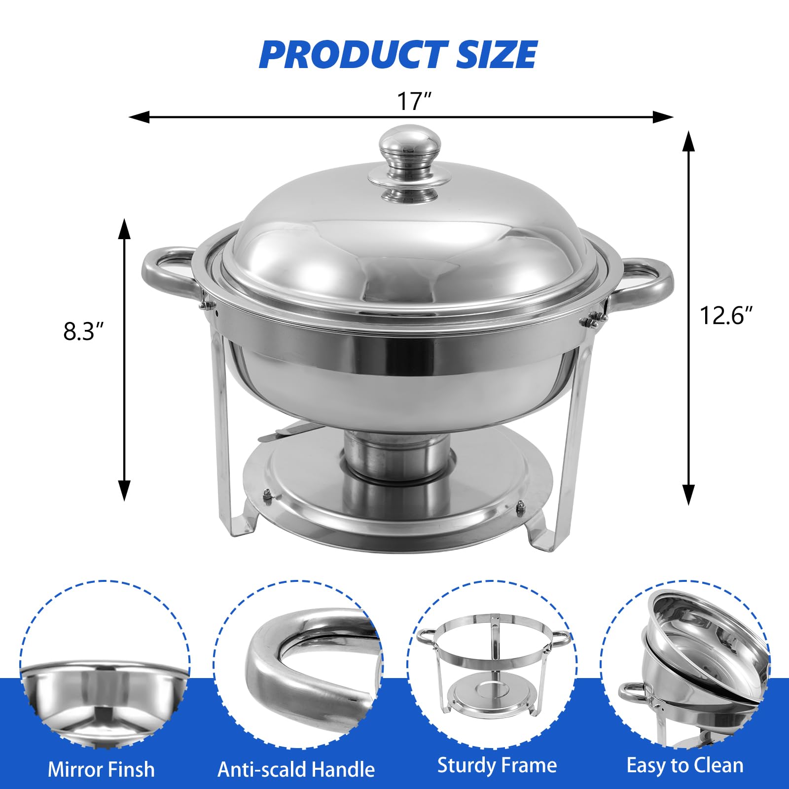 6 Qt 4-Piece Stainless Steel Chafing Dish Buffet Set - Round Catering Food Warmer with Water Trays, Lid & Sturdy Stand - Perfect for Parties, Banquets & Buffet Serving