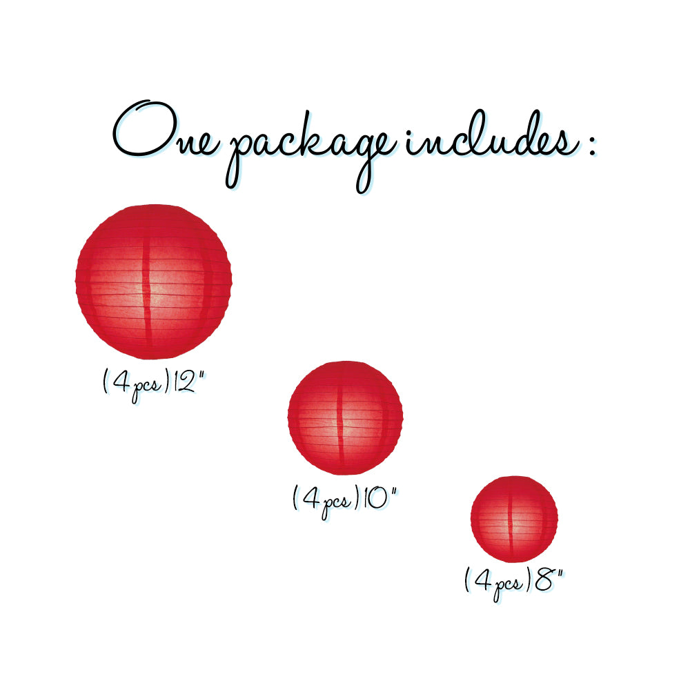 12-Piece Red Chinese Paper Lanterns Set - 12/10/8 Inch Hanging Decorations for Wedding, Party & Festival Decor - Perfect for Chinese New Year, Birthday Celebrations and Home Decoration