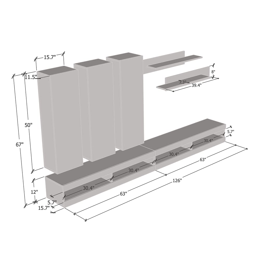 Modern Wall-Mounted TV Stand with Storage Shelves & LED Lights - Fly E 34 Entertainment Center Console for Living Room & Bedroom - Space-Saving Gray TV Cabinet (E1) - Perfect for Small Apartments, Home Theaters & Modern Interior Design