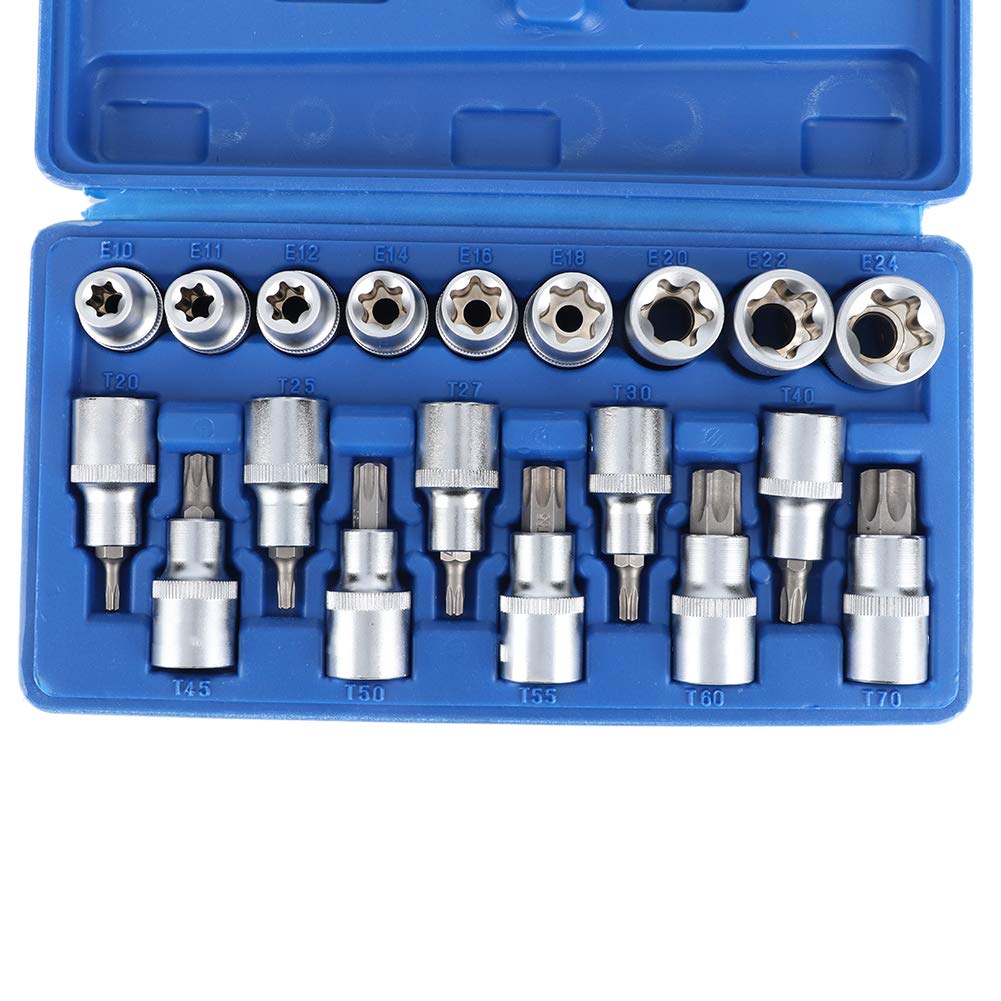 Acouto 19-Piece 1/2 Inch Hex Star E-Type Socket Set - Professional Bit Socket Kit for Car Repair & Maintenance | Ideal for Automotive DIY, Engine Work, and Home Toolbox