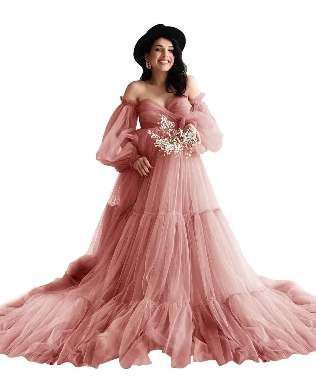 Elegant Winter Off Shoulder Tulle Maternity Dress for Photoshoot & Baby Shower - Stretchable Pregnancy Gown for Special Occasions, Maternity Photos, and Bridal Showers