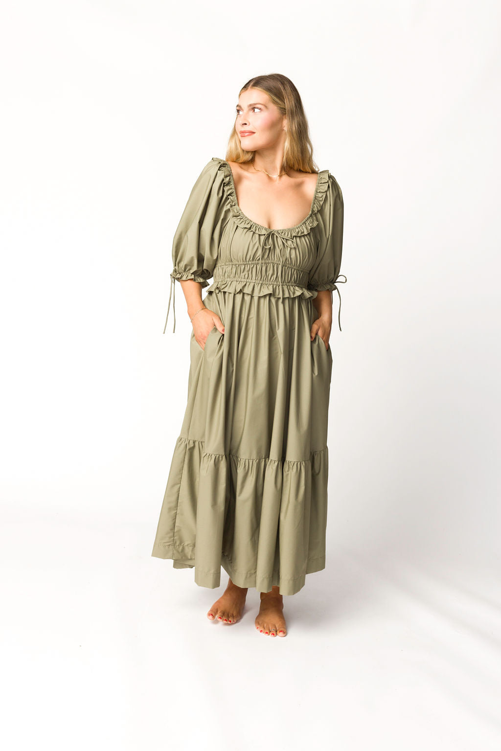 Crissy Ruched Midi Dress in Dusty Olive - Bump Friendly Maternity Dress for Women, Stretchy Bodycon Dress for Pregnancy & Nursing - Perfect for Baby Showers, Date Nights & Special Occasions