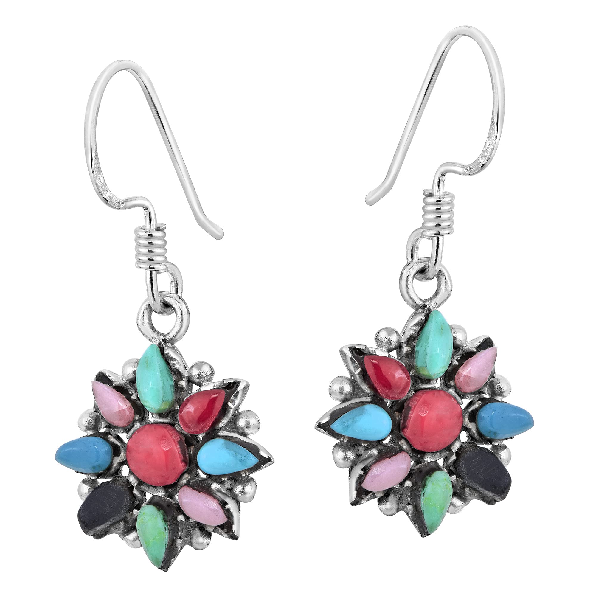 Rainbow Mandala Flower Dangle Earrings for Women - .925 Sterling Silver with Multi-Color Stone Inlay - Boho Chic Jewelry for Festival, Party & Everyday Wear