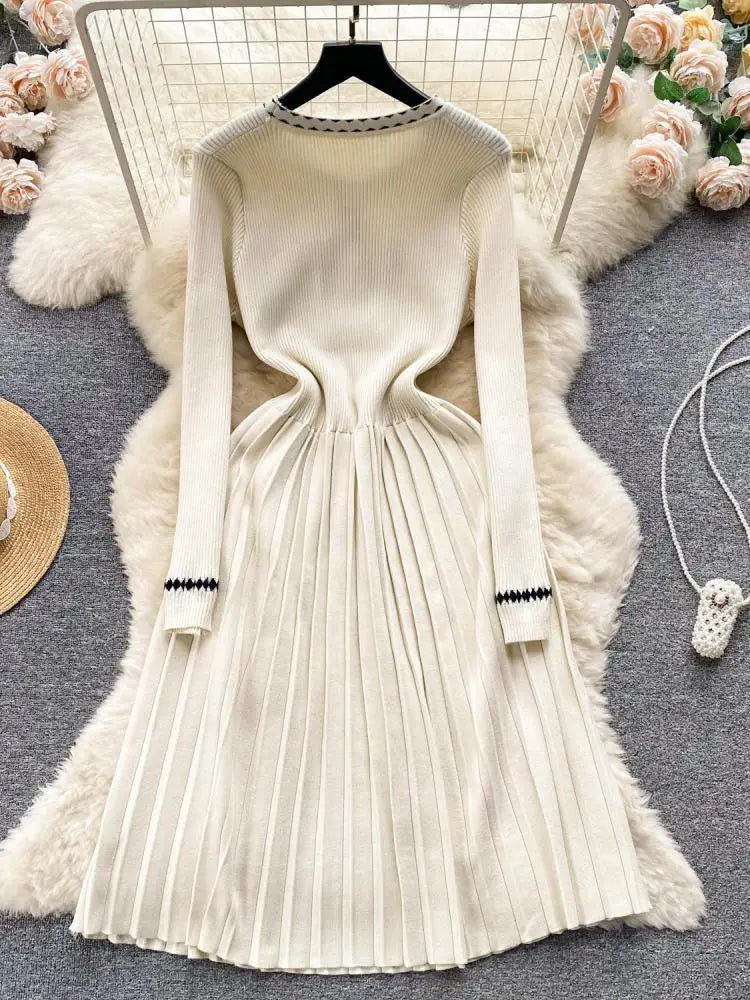 Beige Patchwork Knit Sweater Dress for Women - Long Sleeve Elegant Korean Style Slim Fit Casual Winter Dress with Black Pleated Details | Perfect for Autumn Outfits, Office Wear & Holiday Parties