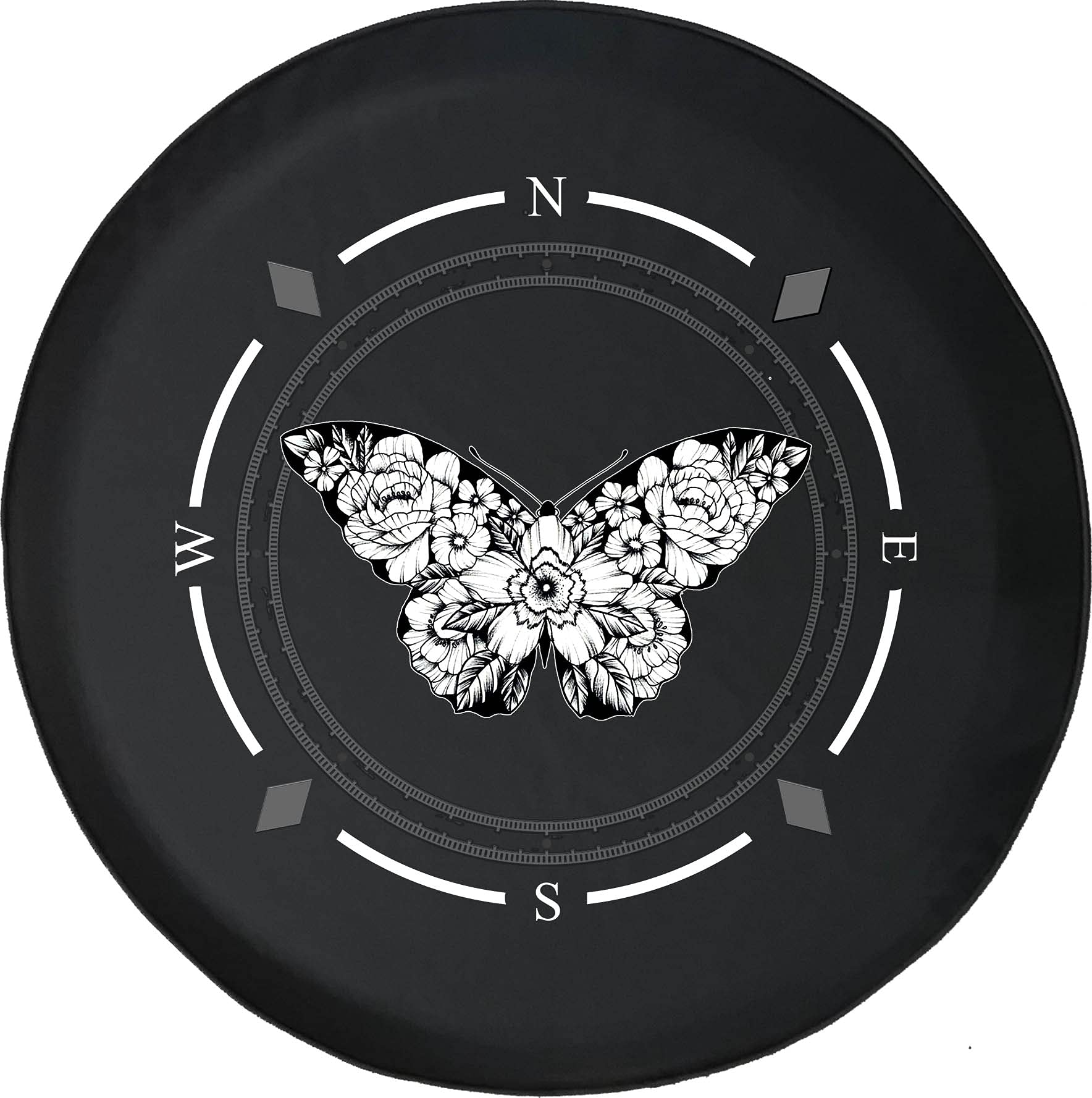 American Unlimited Spare Tire Cover with Compass, Flowers & Butterfly Design - Universal Fit for SUV, Trailer, RV & Most Vehicles | Waterproof & Durable Wheel Accessory for Outdoor Adventures & Road Trips