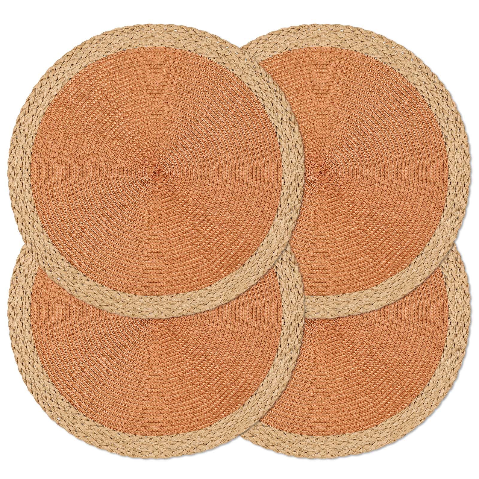 Noctiflorous Round Braided Placemats Set of 4 - 15 Inch Washable & Heat Resistant Table Mats for Dining - Non-Slip Indoor/Outdoor Placemats for Thanksgiving, Christmas, Easter - Perfect for Holiday Dinners, Parties, and Everyday Use (Orange Wide Edge)