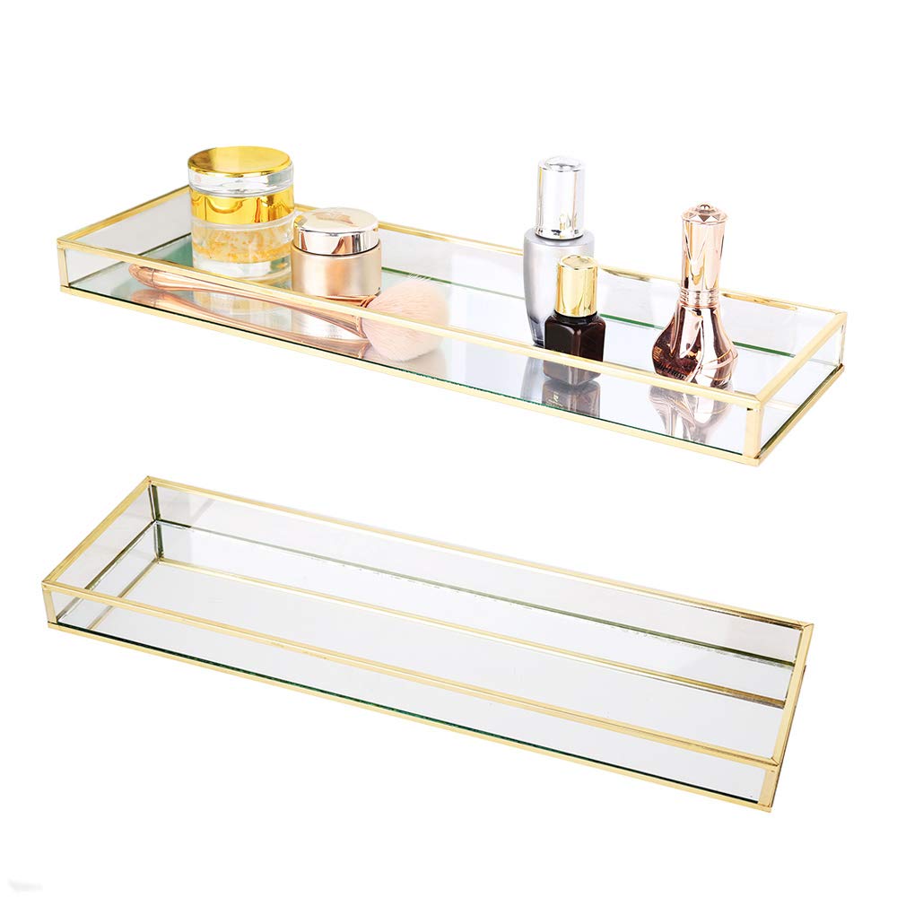 Gold Bathroom Vanity Tray Set (2Pcs) - Affogato Sink Organizer with Mirror for Toothbrush, Makeup & Cosmetics Storage | Perfect for Bathroom Countertops, Toilet Tanks, Bathtubs, Closets & Dressers | Elegant Home Organization Solution