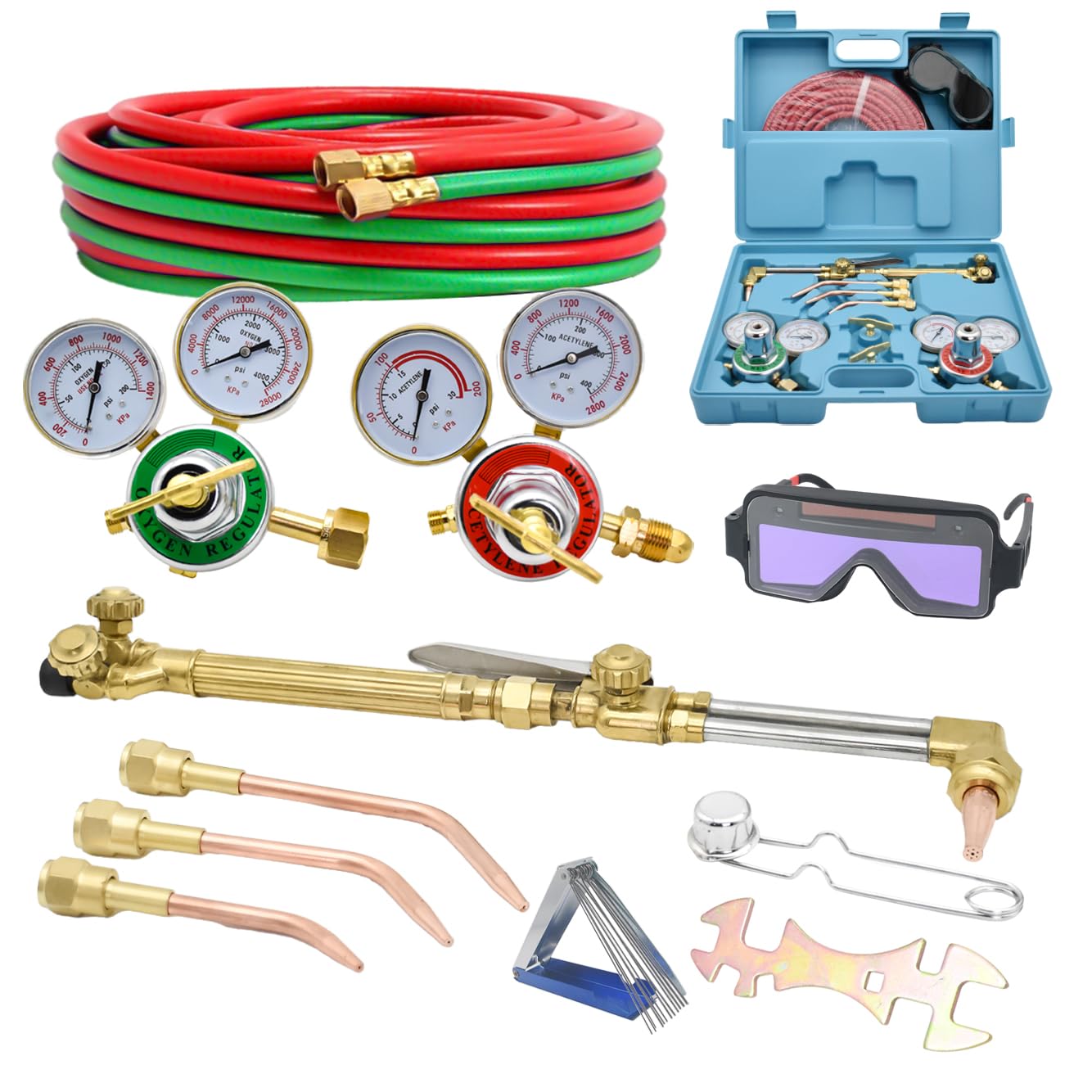 Oxy Acetylene Torch Kit - Portable Gas Cutting & Welding Set with Regulator, Hose & Auto-Darkening Welding Glasses - Professional Metal Cutting Tools for DIY, Auto Repair & Metal Fabrication (#20525-08293)
