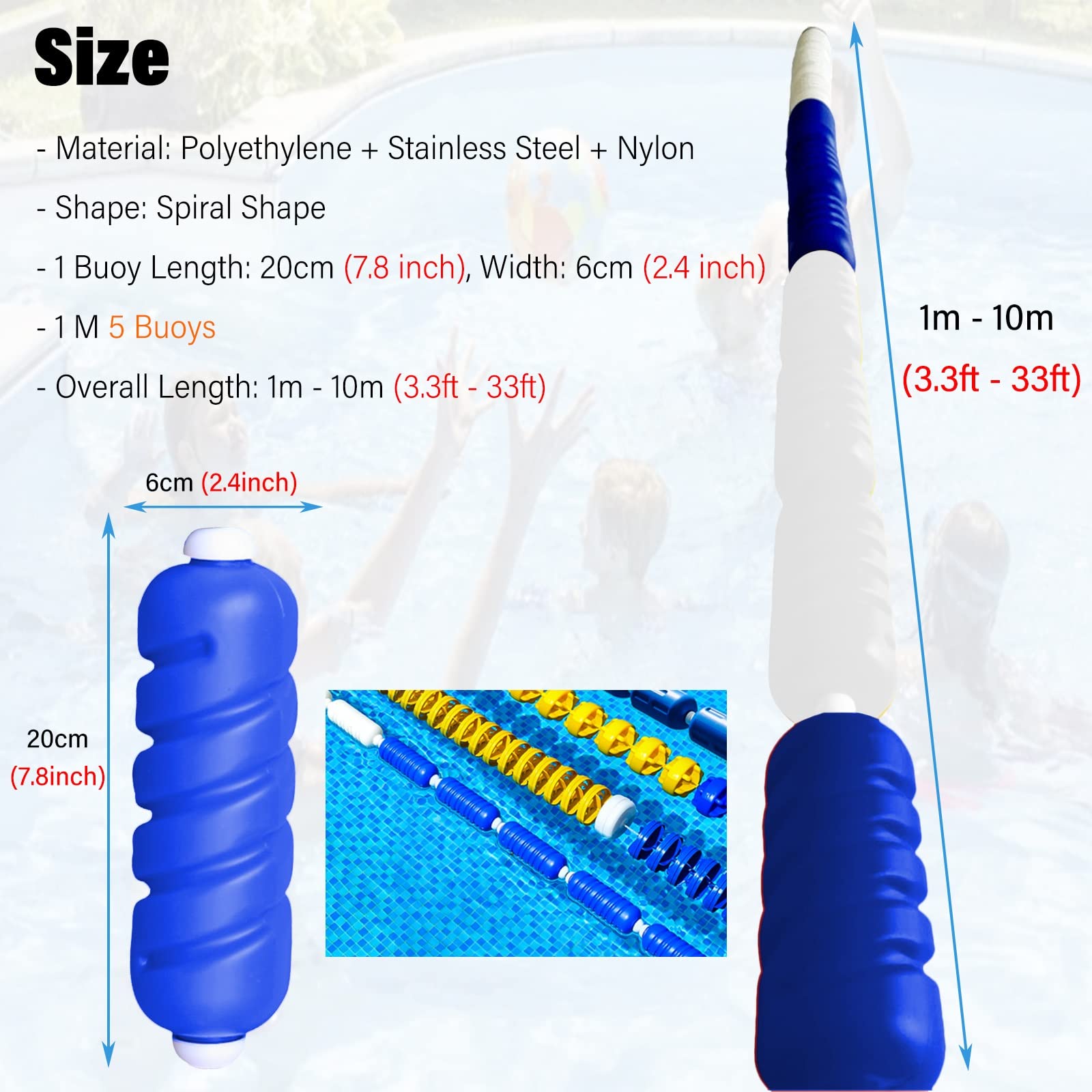 Premium Swimming Pool Safety Rope Float Line Divider - Blue & White Buoy Kit for Inground Pools (10/20/24/30/33 Ft) - Ideal for Deep Water & Shallow Beach Separation, Lane Marking & Pool Safety