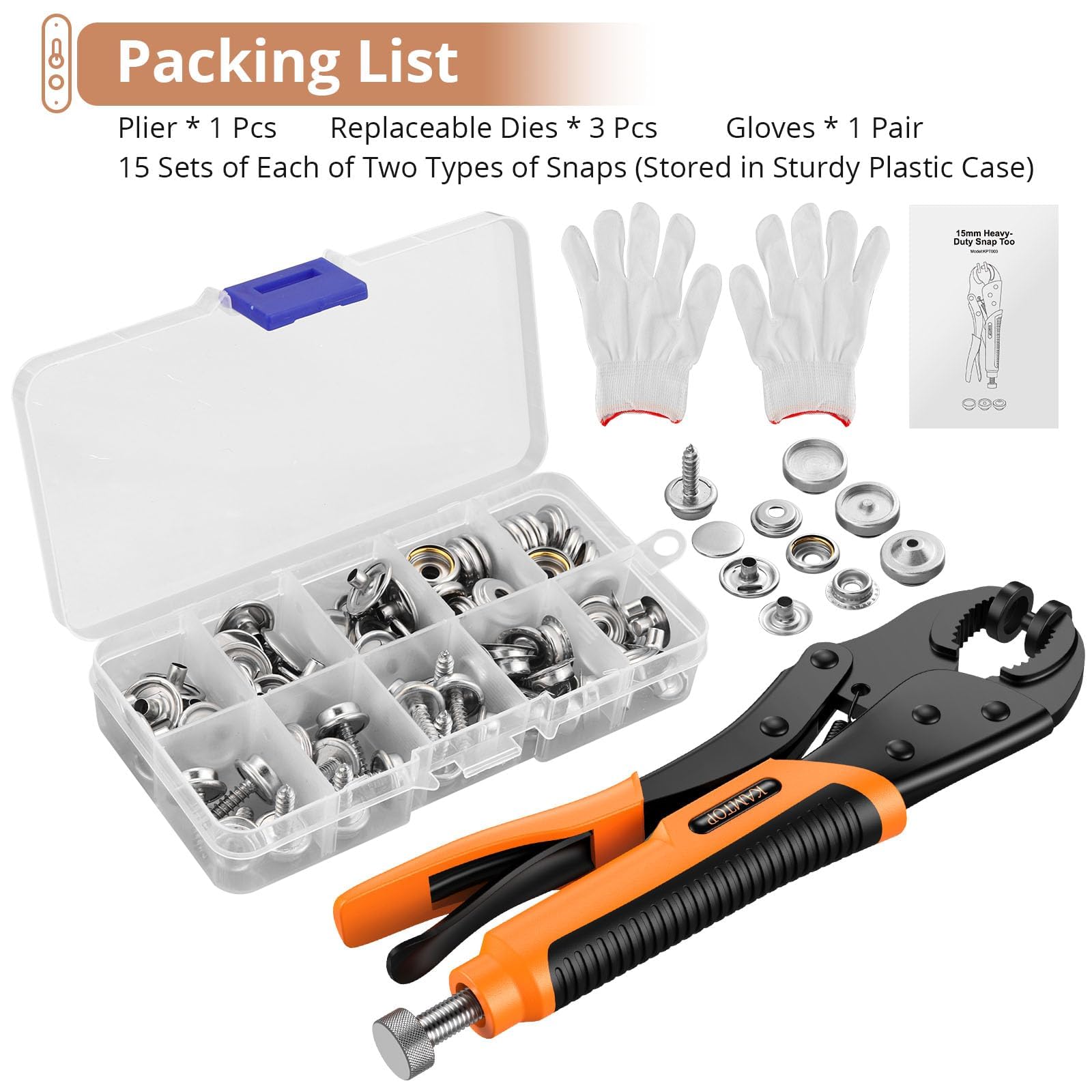 Kamtop Snap Fastener Tool Kit - Adjustable Snap Button Pliers with 30 Sets Metal Snaps, Canvas Snap Installer for Fabric, Leather, Boat Covers & Tarps - Perfect for DIY Sewing, Upholstery Repair and Outdoor Gear Maintenance