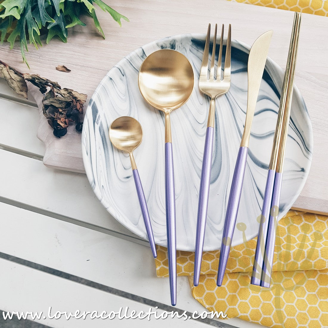 Premium 18/10 Stainless Steel Cutlery Set - Gold & Purple Luxury Flatware for 6 - Dishwasher Safe SS304 Silverware for Wedding, Dinner Party & Home Decor