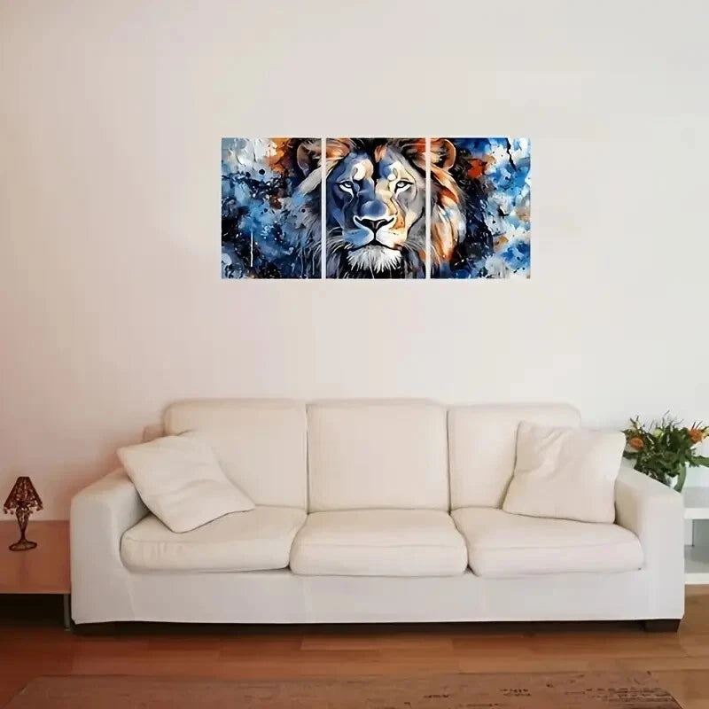 3pcs Lion Blue Watercolor Metal Wall Art Prints - Ready to Hang Home Decor for Living Room, Bedroom & Office
