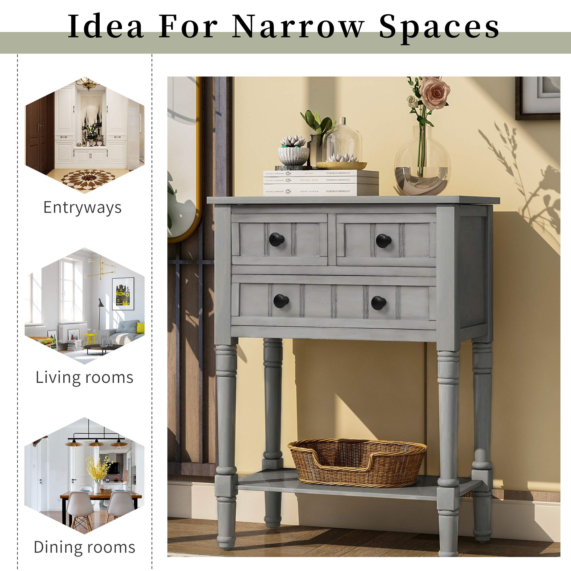 Merax Narrow Console Table - Slim Wooden Sofa Table with 3 Storage Drawers & Bottom Shelf for Living Room, Entryway, Hallway - Easy Assembly (Gray Wash) - Perfect for Small Spaces & Home Decor