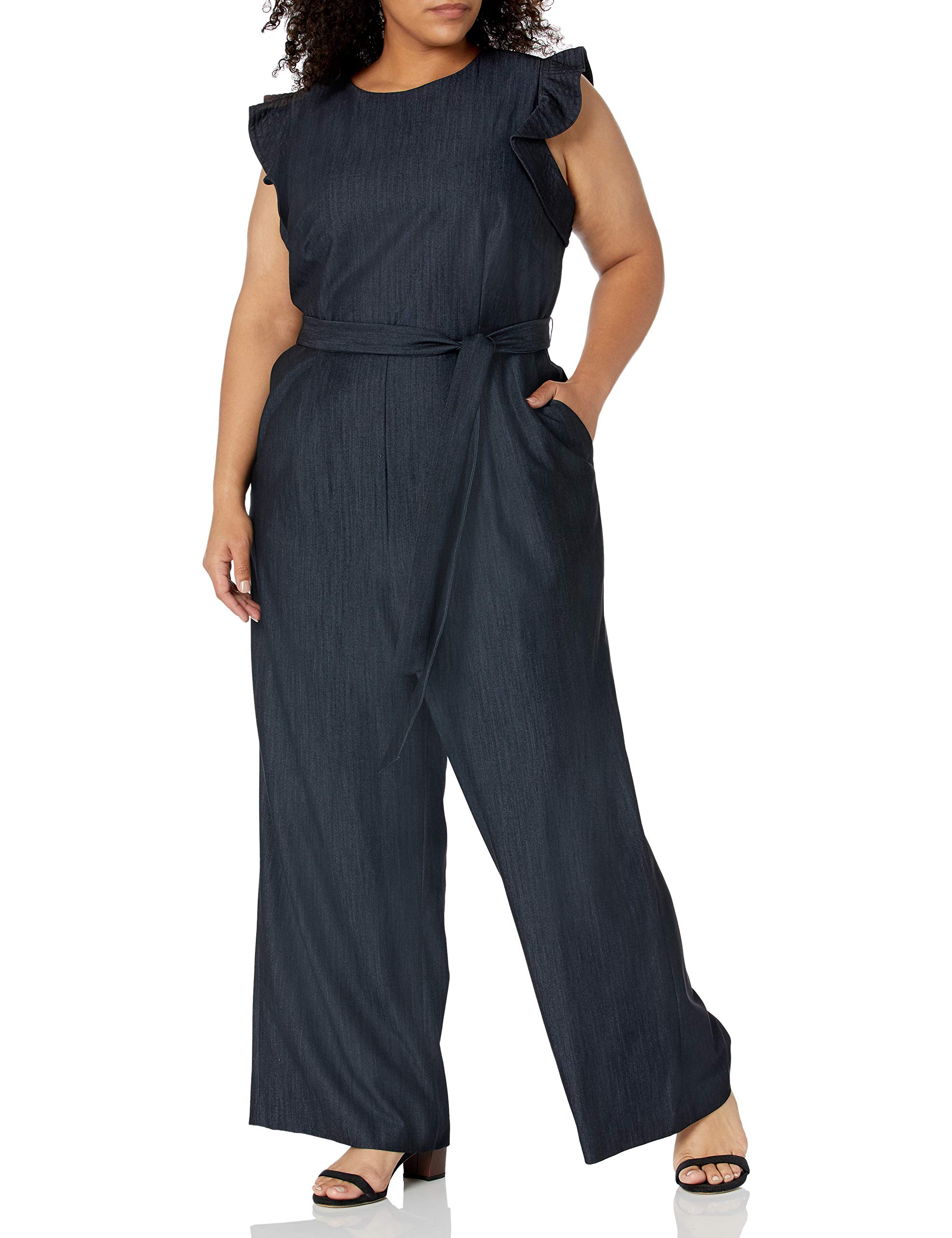 Calvin Klein Women's Plus Size Sleeveless Belted Jumpsuit with Ruffle Armhole - Stylish & Comfortable Outfit for Work, Party & Special Occasions