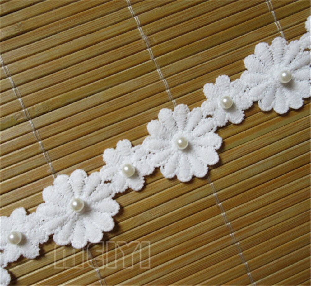 3 Meters Vintage White Pearl Lace Trim - 2/3.5cm Width Embroidered Fabric Ribbon for Wedding Dresses, DIY Sewing Crafts, Party Decor & Clothing Embellishment - Perfect for Bridal Gowns, Home Decor, Costume Design and Craft Projects