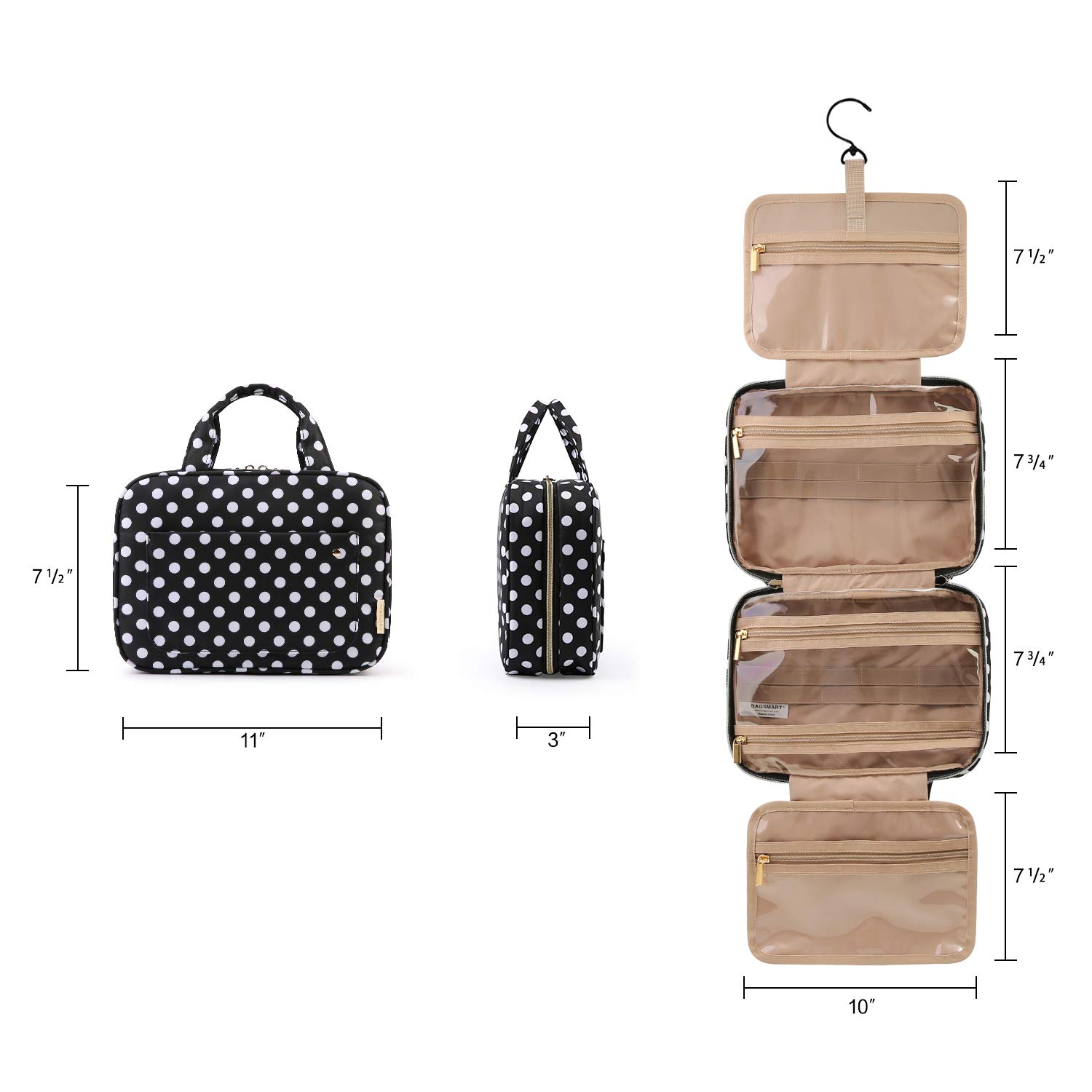 BAGSMART Water-resistant Hanging Toiletry Bag - Travel Cosmetic Organizer for Makeup, Shampoo & Full-Sized Toiletries | Perfect for Air Travel, Camping & Gym Essentials (Black)